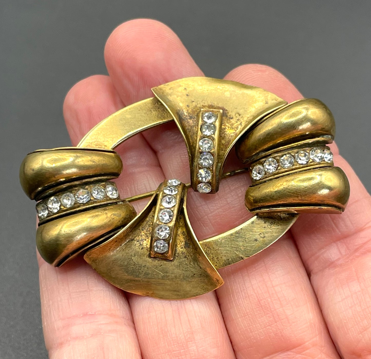 Large vintage Art Deco gold tone and clear glass rhinestone brooch, lovely architectural, geometric design, some wear