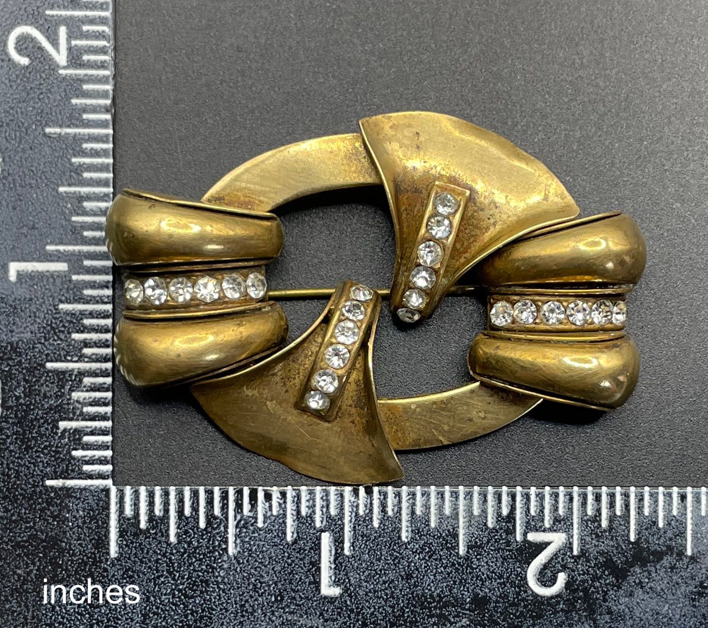 Large vintage Art Deco gold tone and clear glass rhinestone brooch, lovely architectural, geometric design, some wear