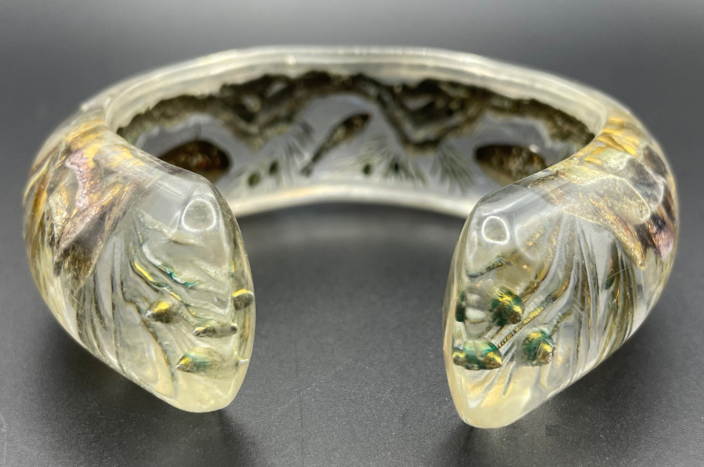Rare Dunhill Aquarium reverse carved lucite cuff bangle, companion to the aquarium lighters from around 1950