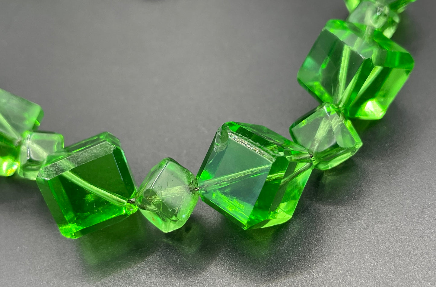 Vintage uranium glass faceted bead graduated Art Deco necklace - fabulous beads that glow under UV light, on foxtail chain
