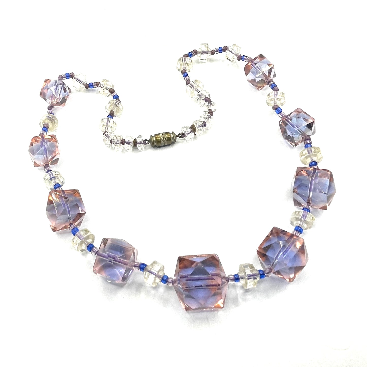Vintage bi-colour Art Deco large graduated crystal bead pink and blue necklace, stunning bi-tonal Czech crystal beads
