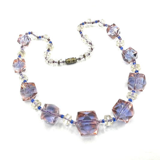 Vintage bi-colour Art Deco large graduated crystal bead pink and blue necklace, stunning bi-tonal Czech crystal beads