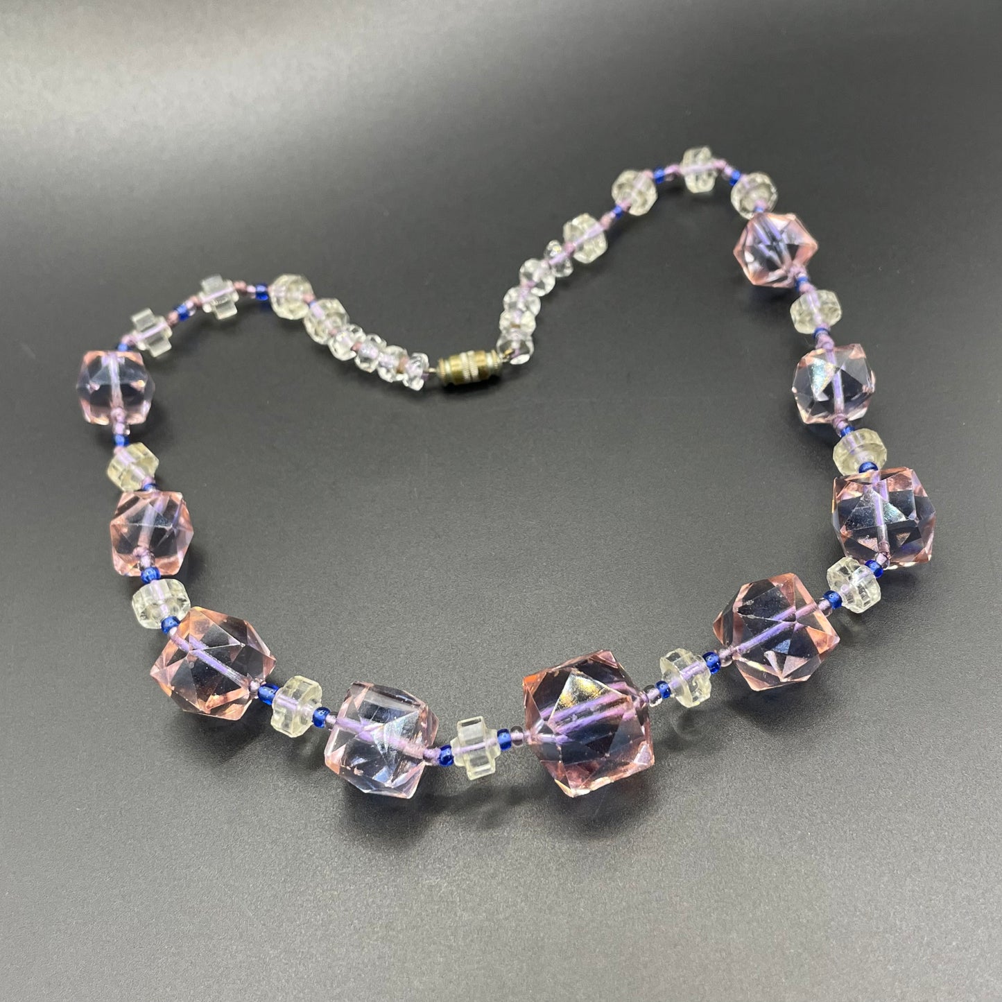 Vintage bi-colour Art Deco large graduated crystal bead pink and blue necklace, stunning bi-tonal Czech crystal beads