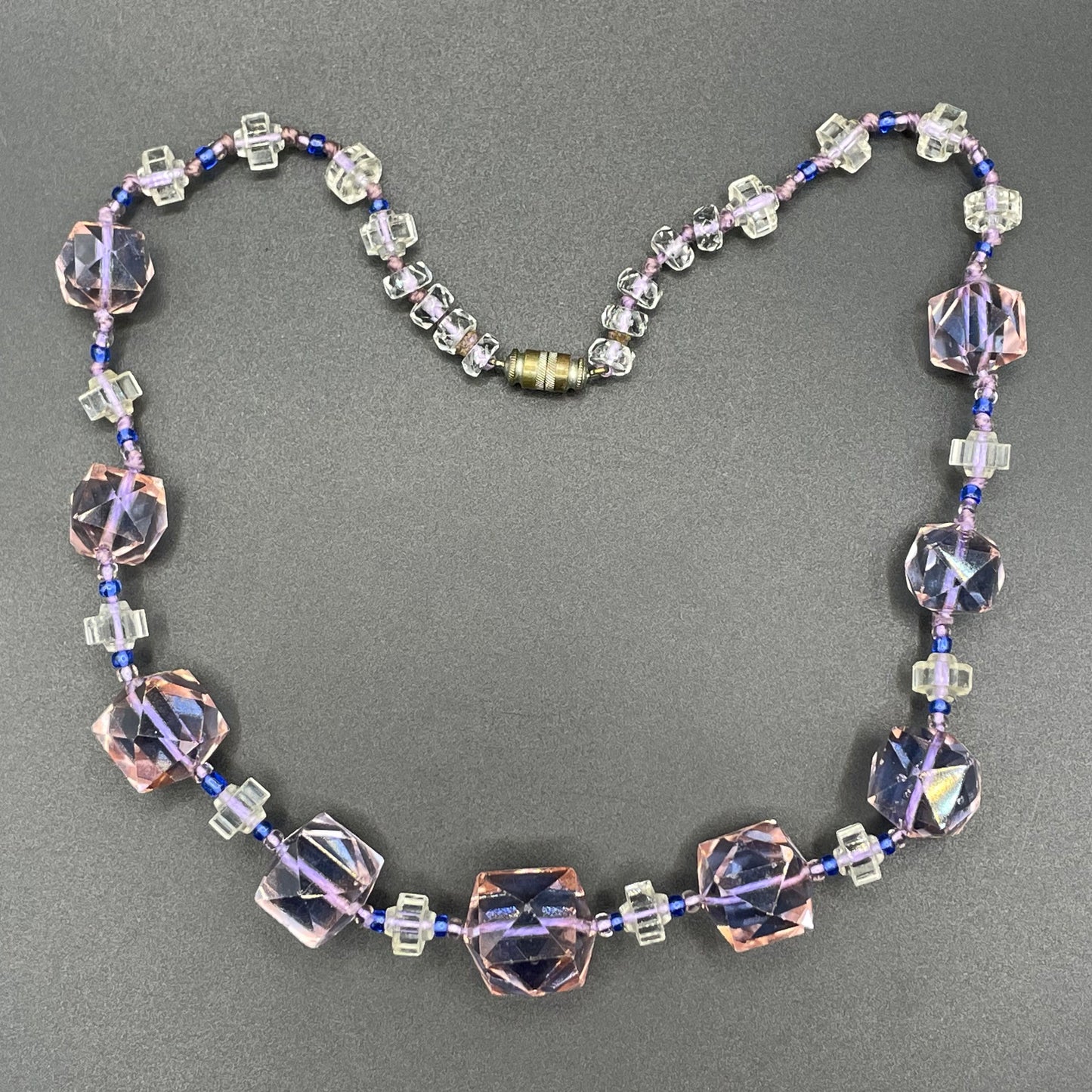 Vintage bi-colour Art Deco large graduated crystal bead pink and blue necklace, stunning bi-tonal Czech crystal beads
