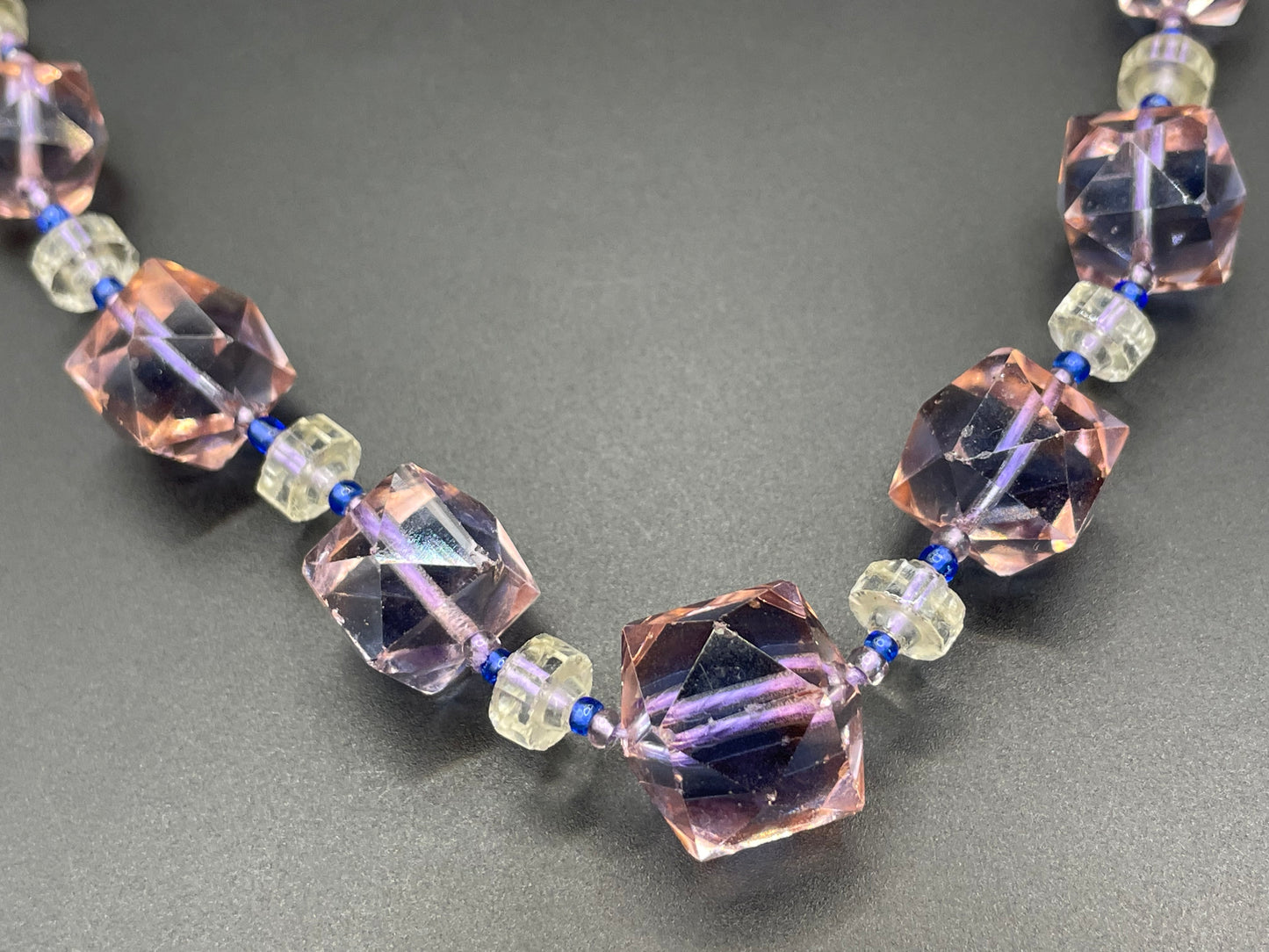 Vintage bi-colour Art Deco large graduated crystal bead pink and blue necklace, stunning bi-tonal Czech crystal beads
