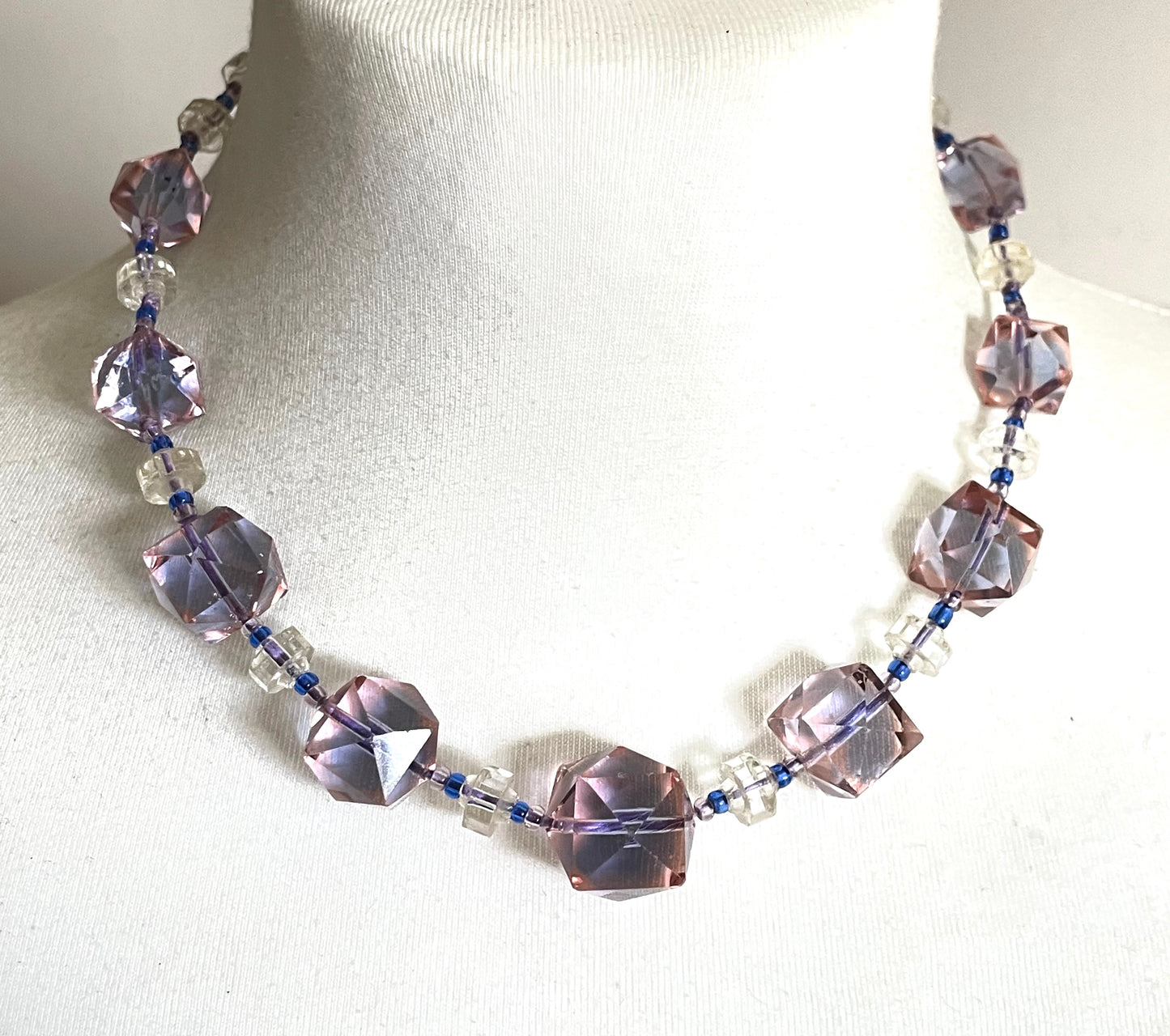 Vintage bi-colour Art Deco large graduated crystal bead pink and blue necklace, stunning bi-tonal Czech crystal beads