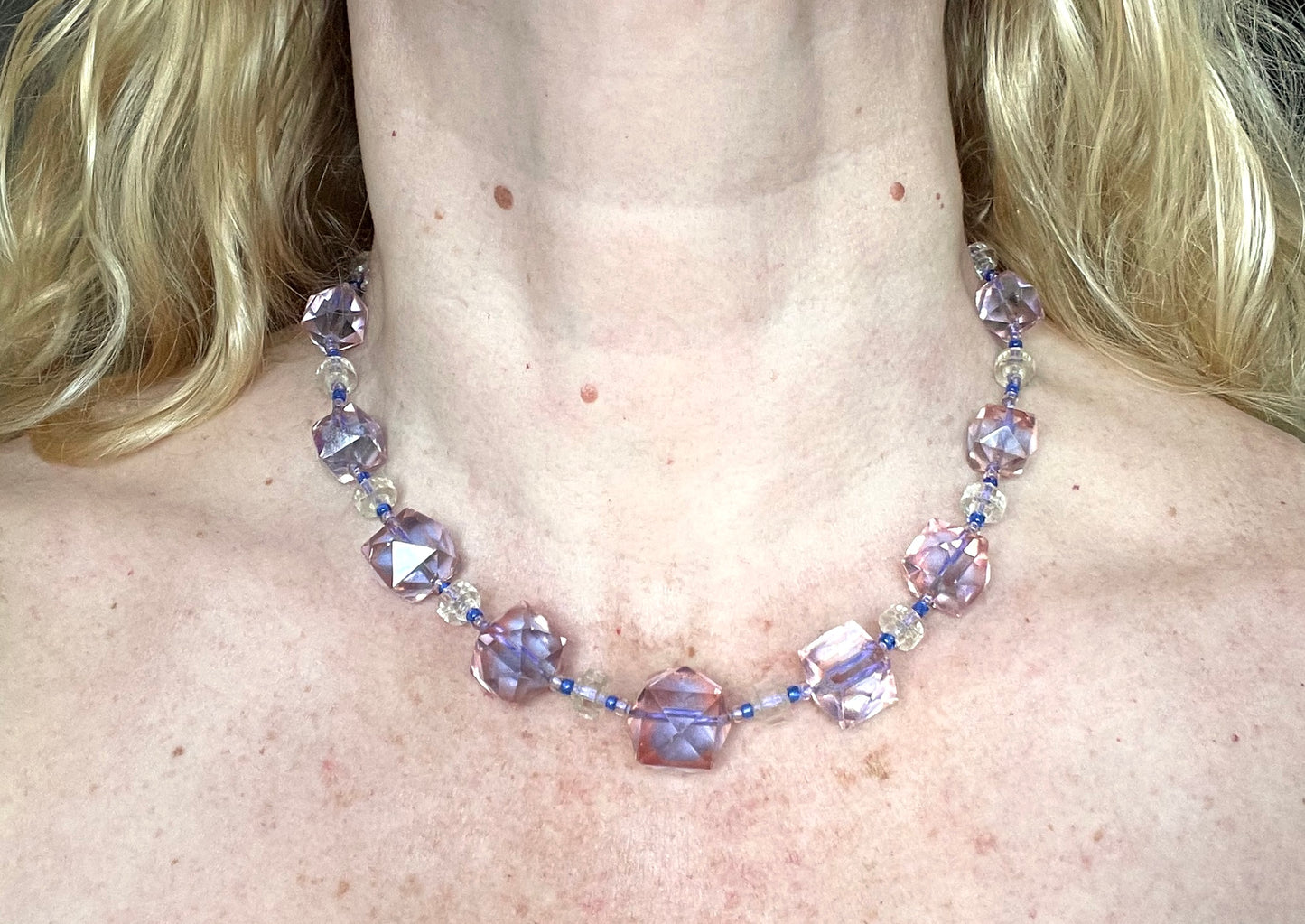 Vintage bi-colour Art Deco large graduated crystal bead pink and blue necklace, stunning bi-tonal Czech crystal beads