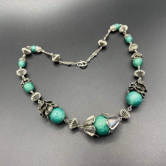 Vintage Jakob Bengel Art Deco machine age silver tone / chrome and green Peking style glass bead chunky geometric statement necklace