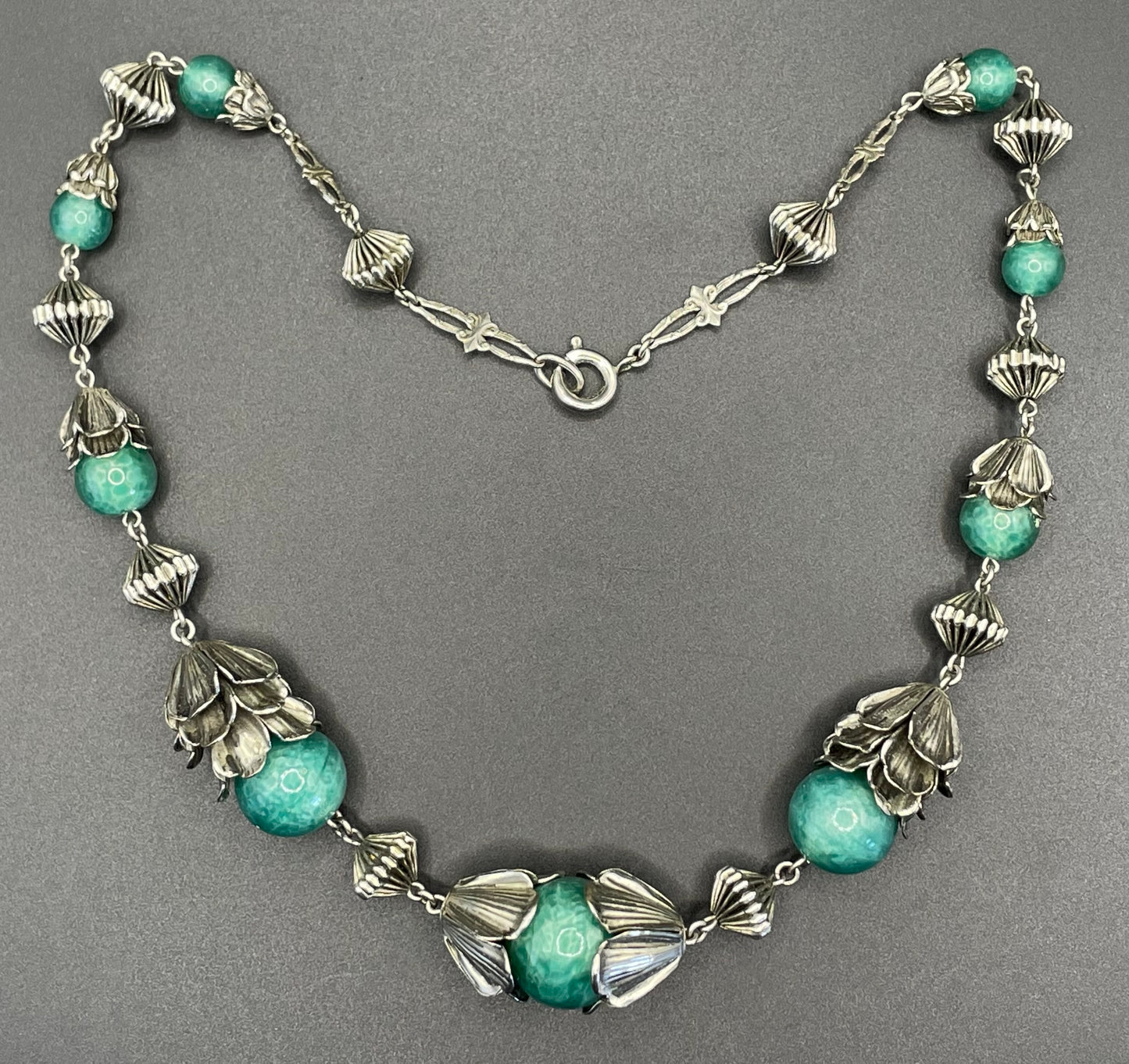 Vintage Jakob Bengel Art Deco machine age silver tone / chrome and green Peking style glass bead chunky geometric statement necklace