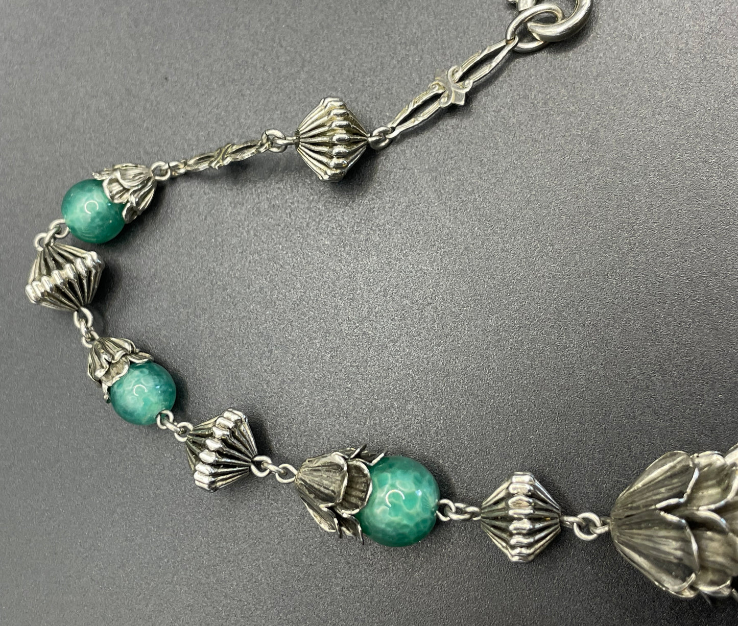 Vintage Jakob Bengel Art Deco machine age silver tone / chrome and green Peking style glass bead chunky geometric statement necklace
