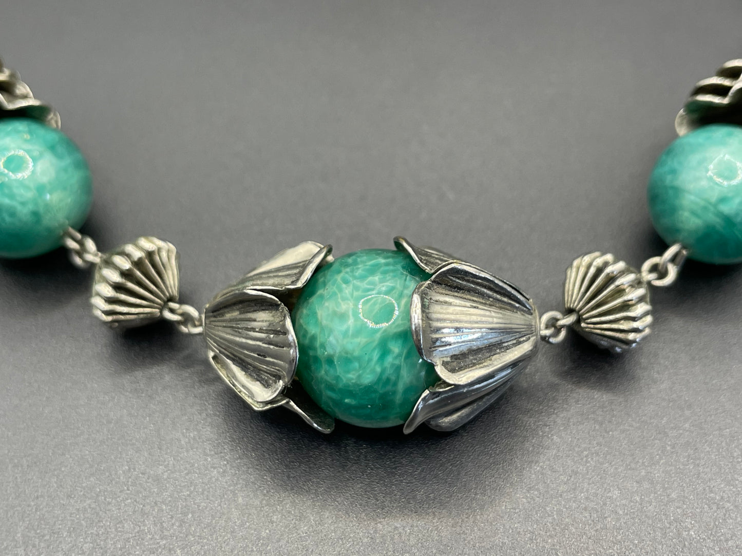 Vintage Jakob Bengel Art Deco machine age silver tone / chrome and green Peking style glass bead chunky geometric statement necklace