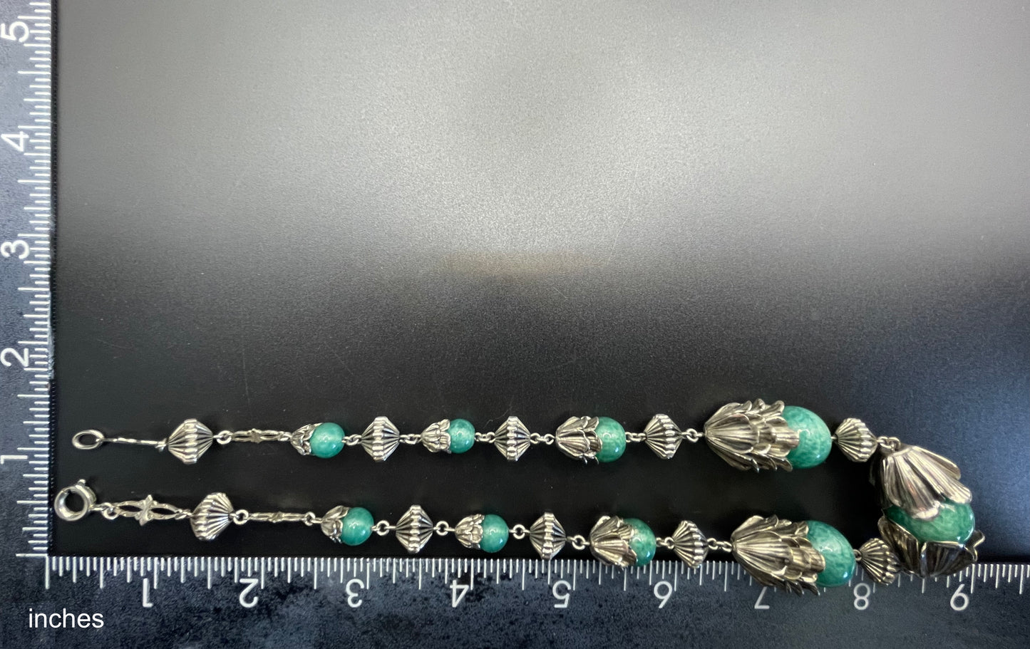Vintage Jakob Bengel Art Deco machine age silver tone / chrome and green Peking style glass bead chunky geometric statement necklace