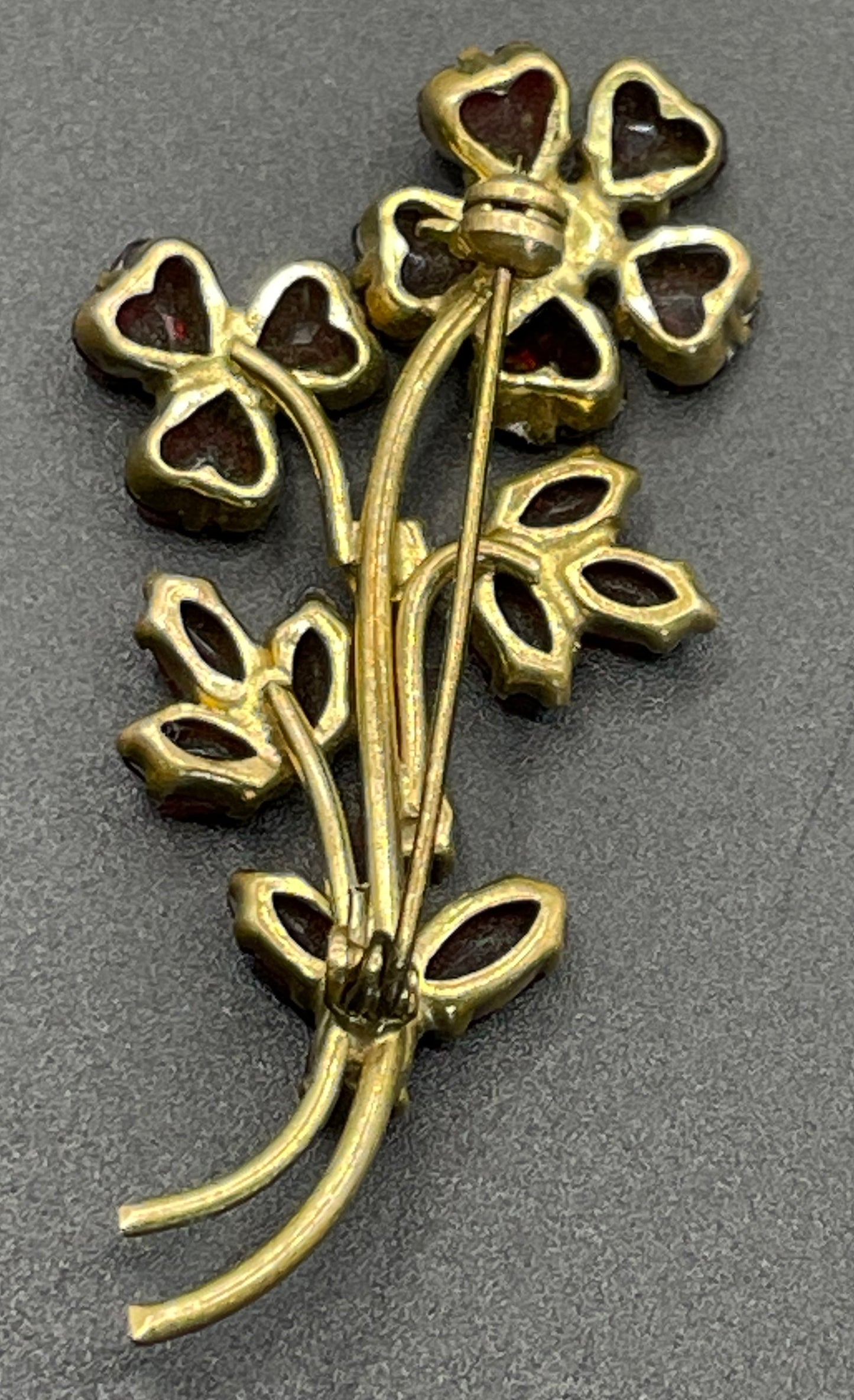 Vintage Art Deco Czech red garnet glass flower bouquet brooch, unusual heart-shaped rhinestones, set open-backed in gold tone