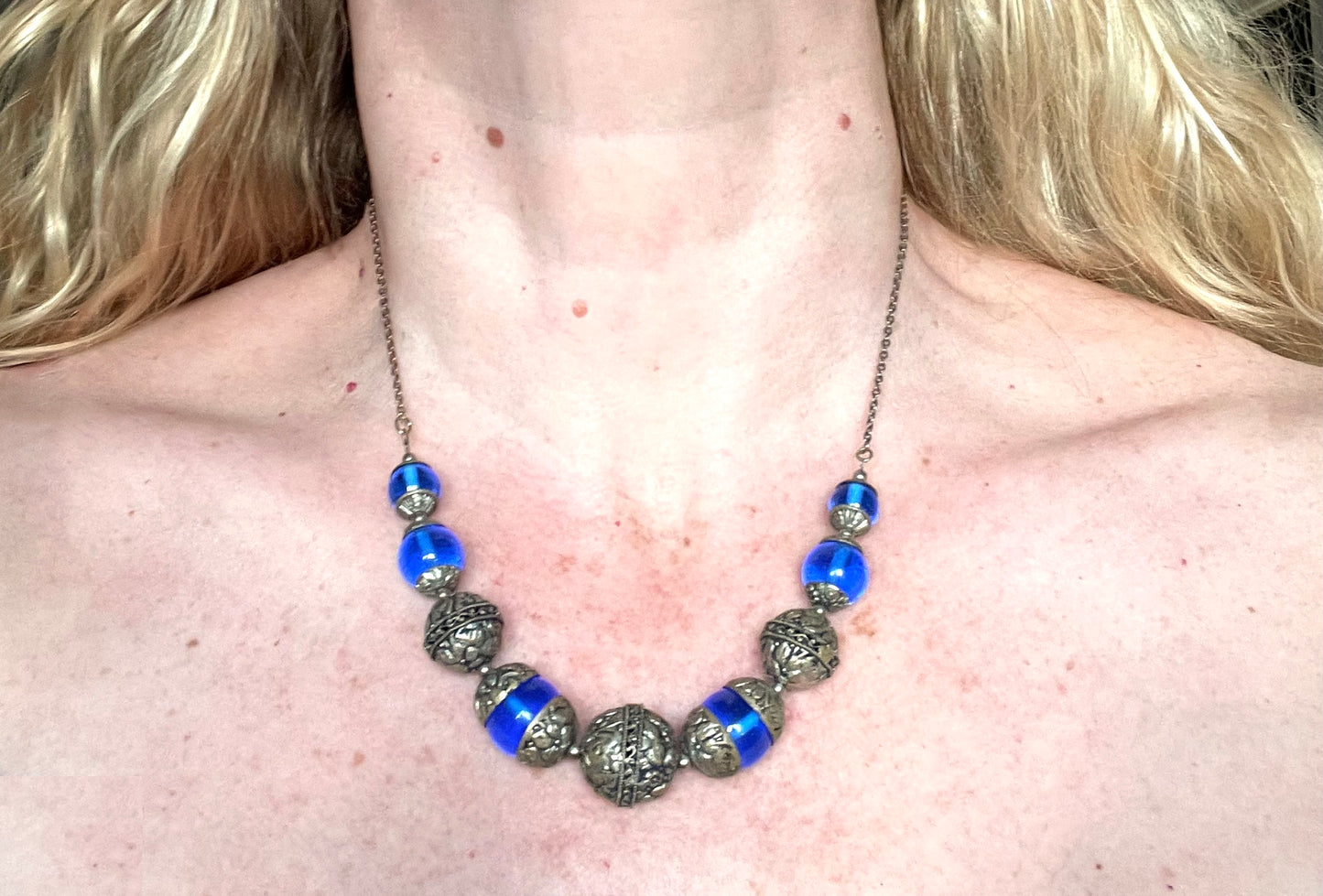 Vintage Bristol blue glass Art Deco necklace - brass chain, beads and ornate floral bead caps