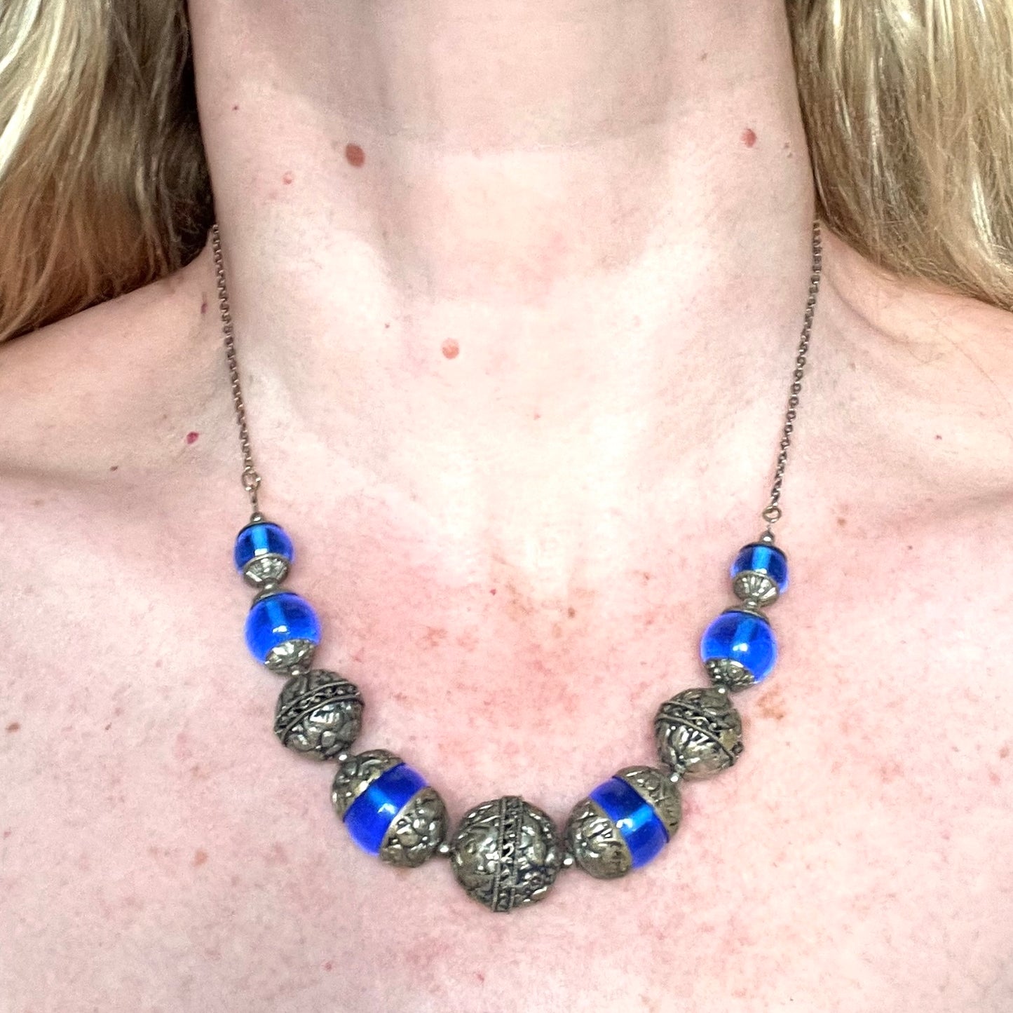 Vintage Bristol blue glass Art Deco necklace - brass chain, beads and ornate floral bead caps