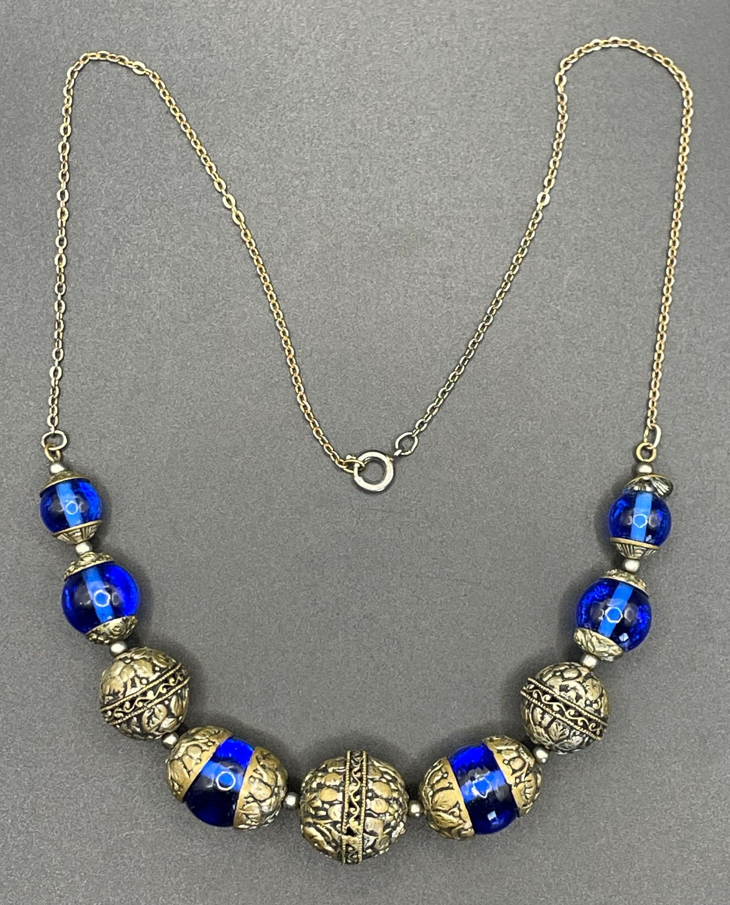 Vintage Bristol blue glass Art Deco necklace - brass chain, beads and ornate floral bead caps
