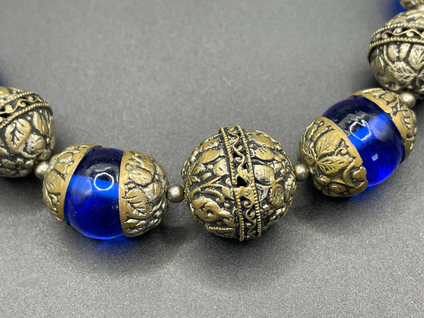 Vintage Bristol blue glass Art Deco necklace - brass chain, beads and ornate floral bead caps