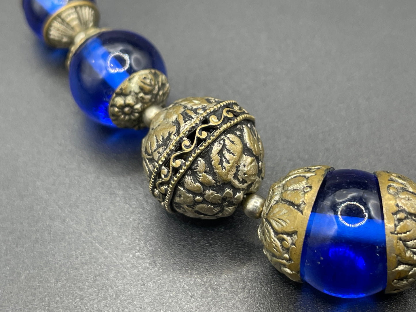 Vintage Bristol blue glass Art Deco necklace - brass chain, beads and ornate floral bead caps