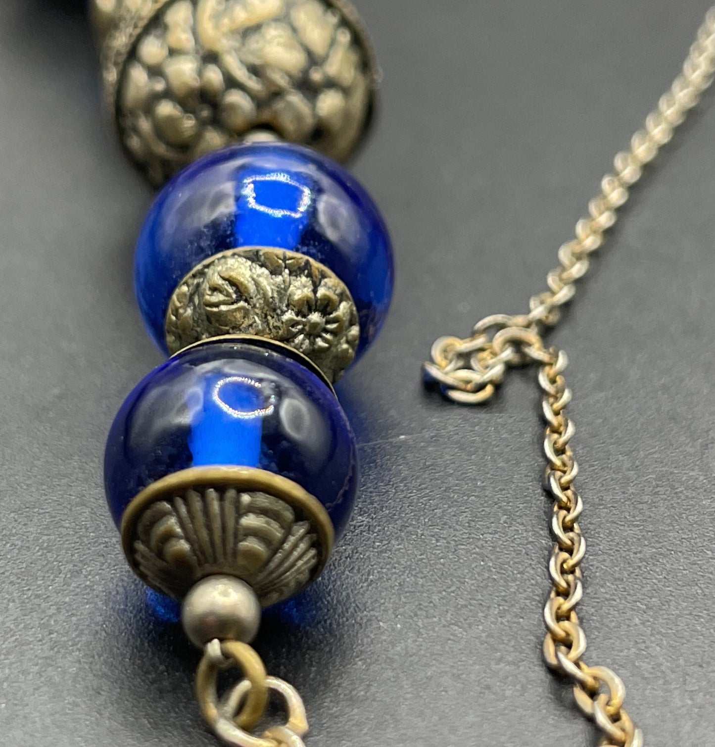 Vintage Bristol blue glass Art Deco necklace - brass chain, beads and ornate floral bead caps