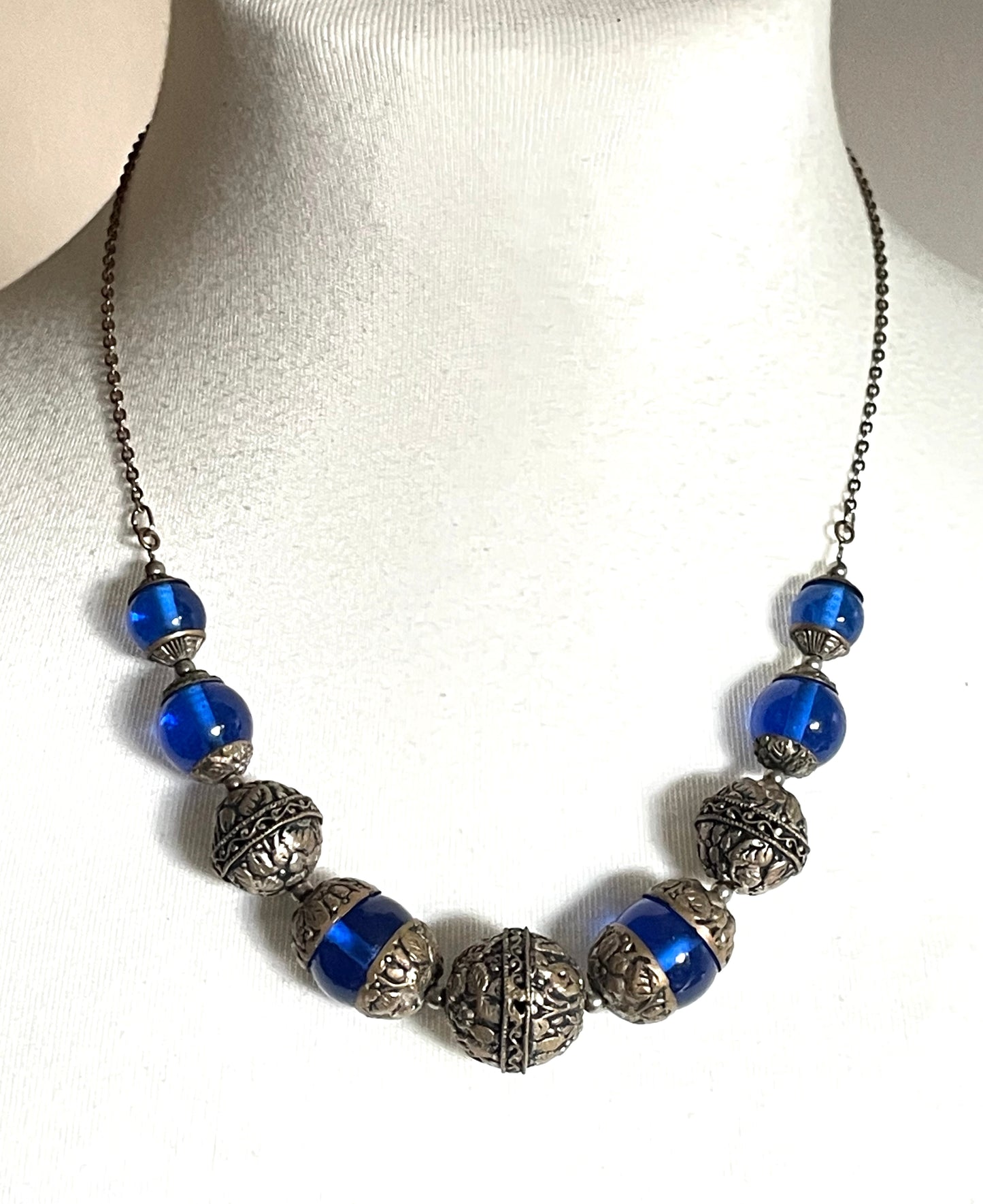 Vintage Bristol blue glass Art Deco necklace - brass chain, beads and ornate floral bead caps