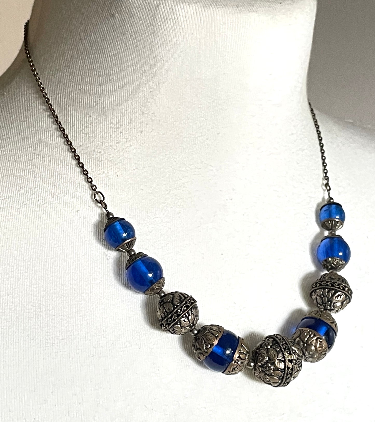 Vintage Bristol blue glass Art Deco necklace - brass chain, beads and ornate floral bead caps
