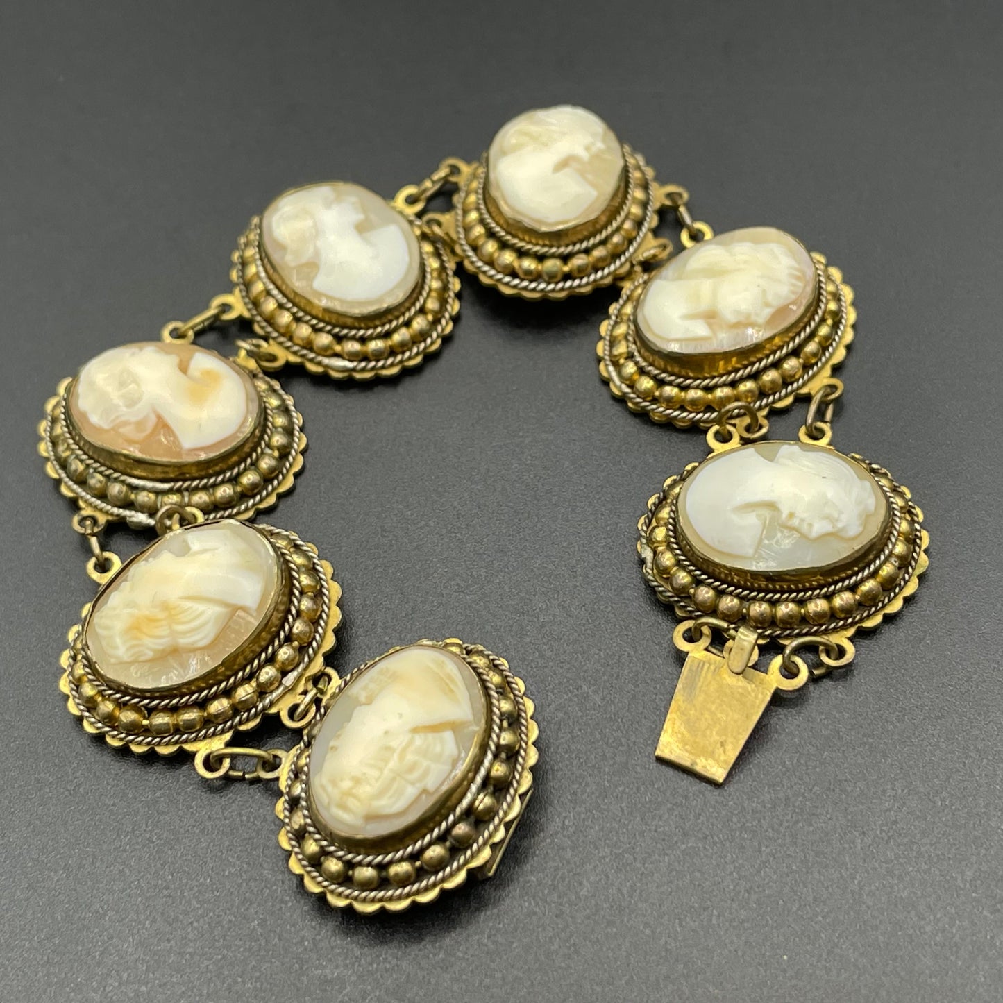 Antique / vintage shell cameo panel bracelet Edwardian in gold tone settings