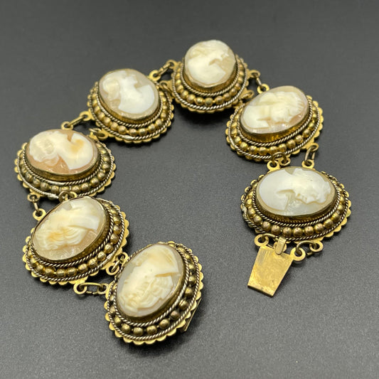 Antique / vintage shell cameo panel bracelet Edwardian in gold tone settings