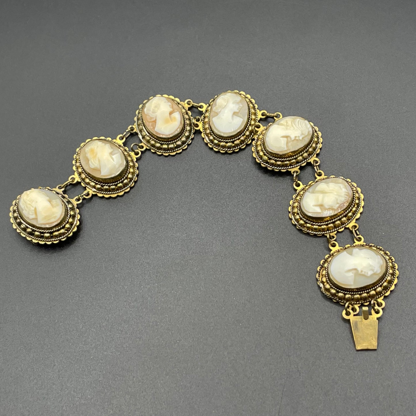 Antique / vintage shell cameo panel bracelet Edwardian in gold tone settings