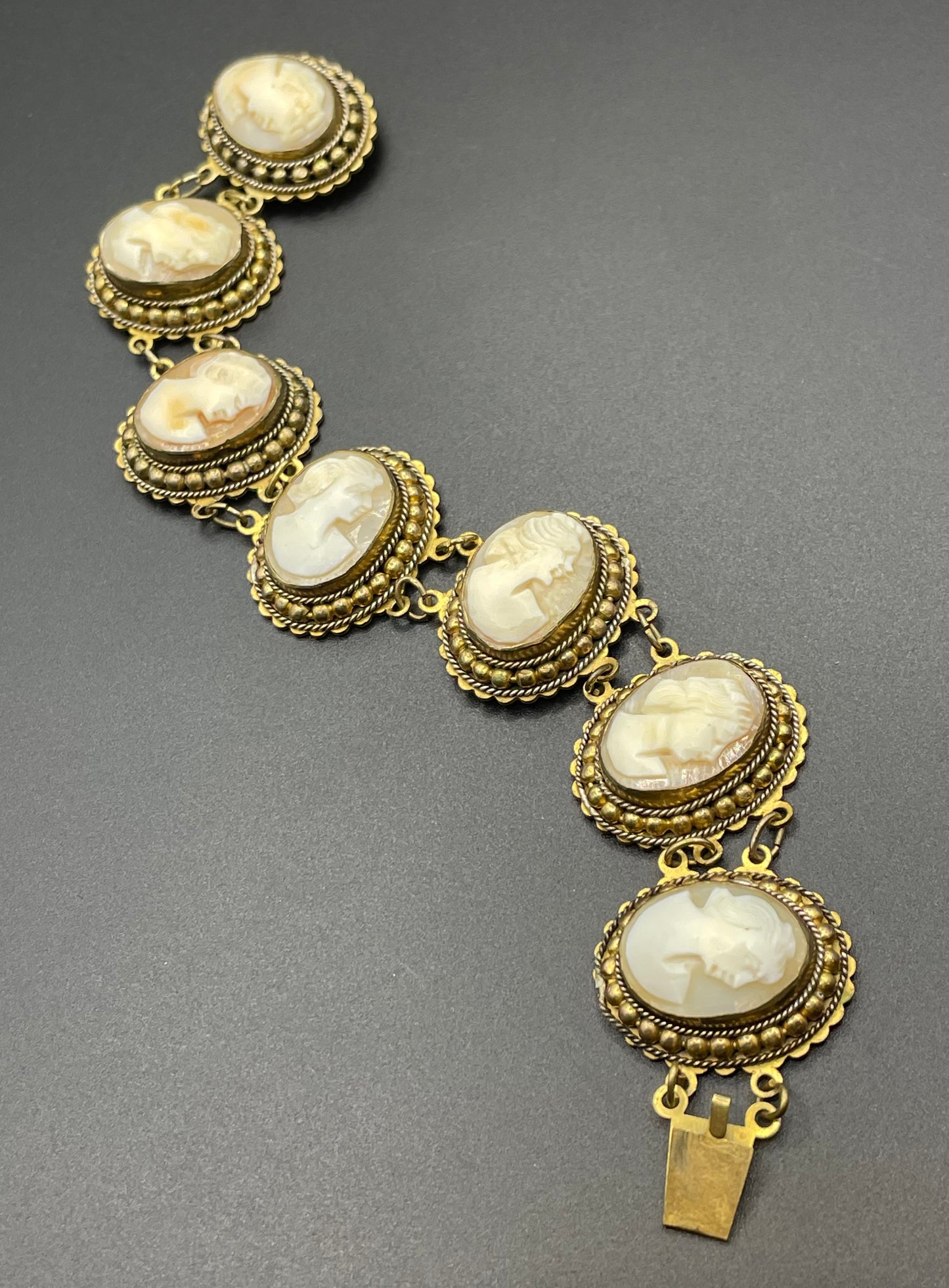Antique / vintage shell cameo panel bracelet Edwardian in gold tone settings