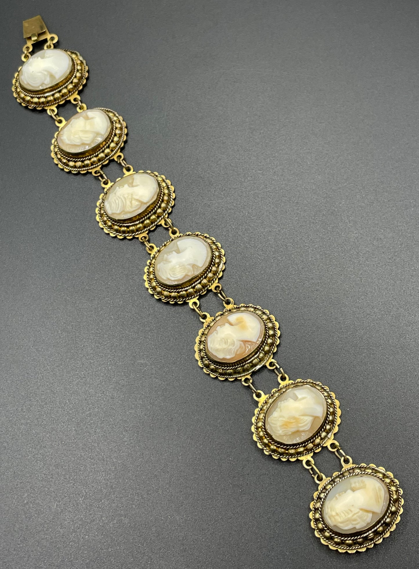 Antique / vintage shell cameo panel bracelet Edwardian in gold tone settings