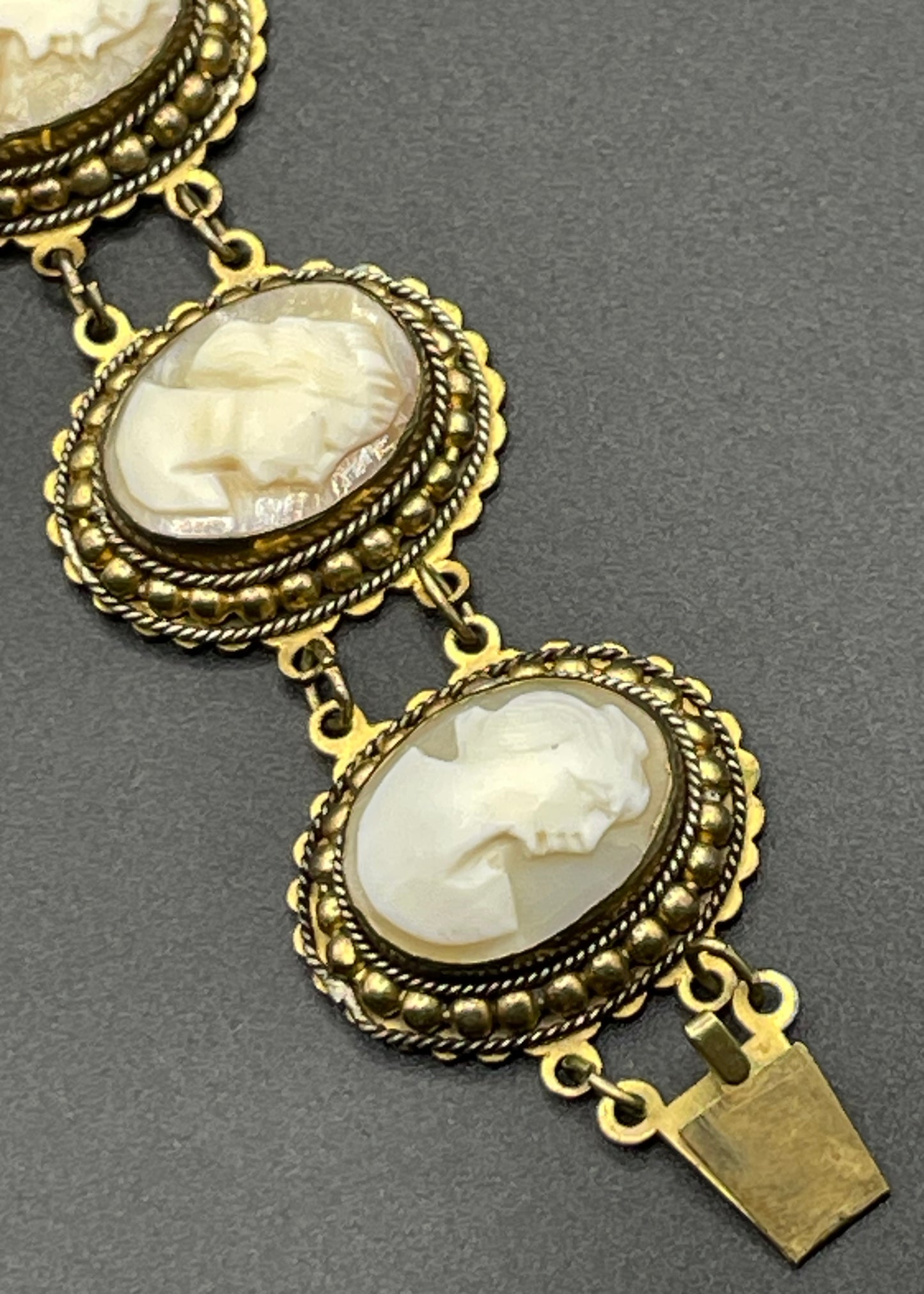Antique / vintage shell cameo panel bracelet Edwardian in gold tone settings