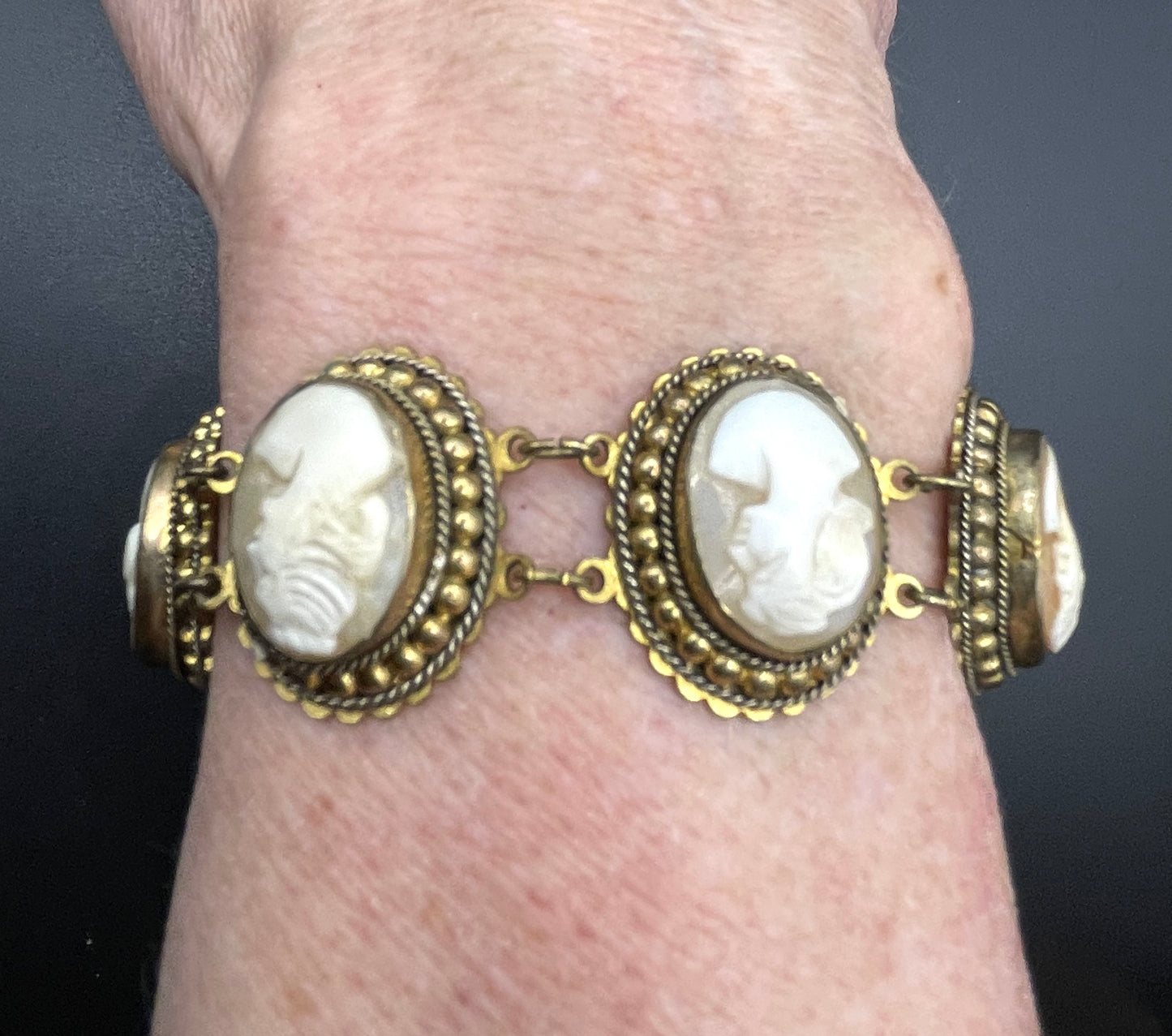 Antique / vintage shell cameo panel bracelet Edwardian in gold tone settings