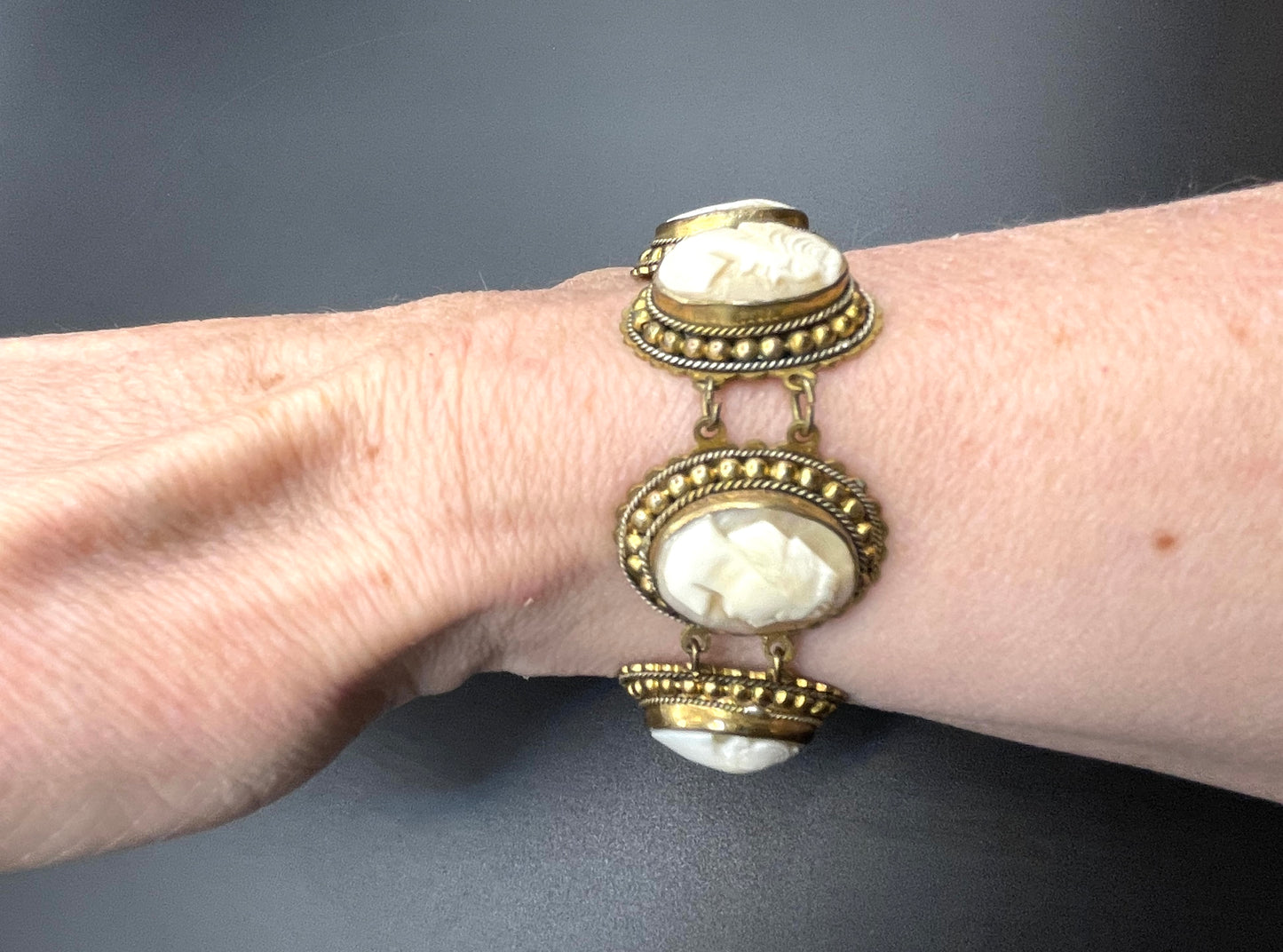 Antique / vintage shell cameo panel bracelet Edwardian in gold tone settings