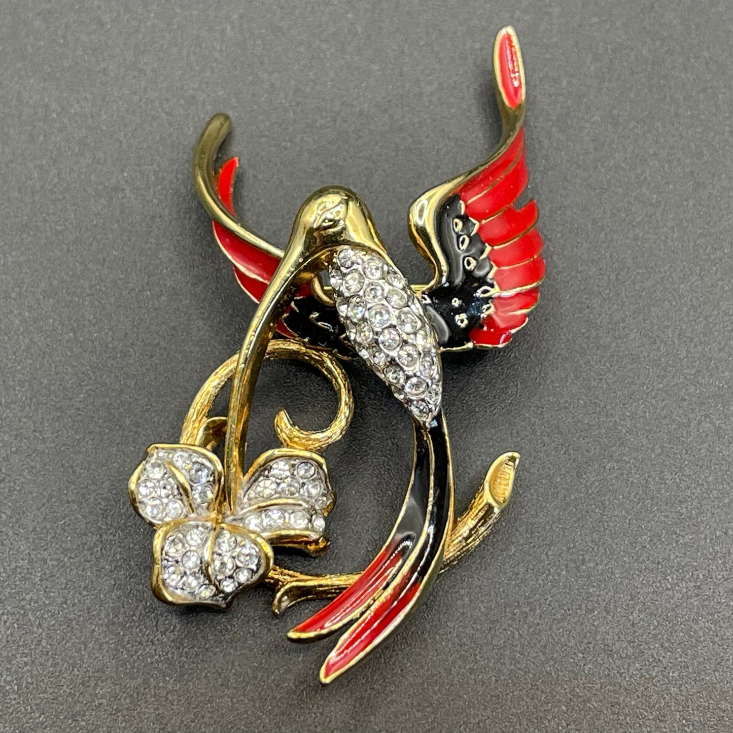 Vintage Attwood and Sawyer hummingbird brooch, 22ct gold plated, red and black enamel and rhinestone, signed A&S