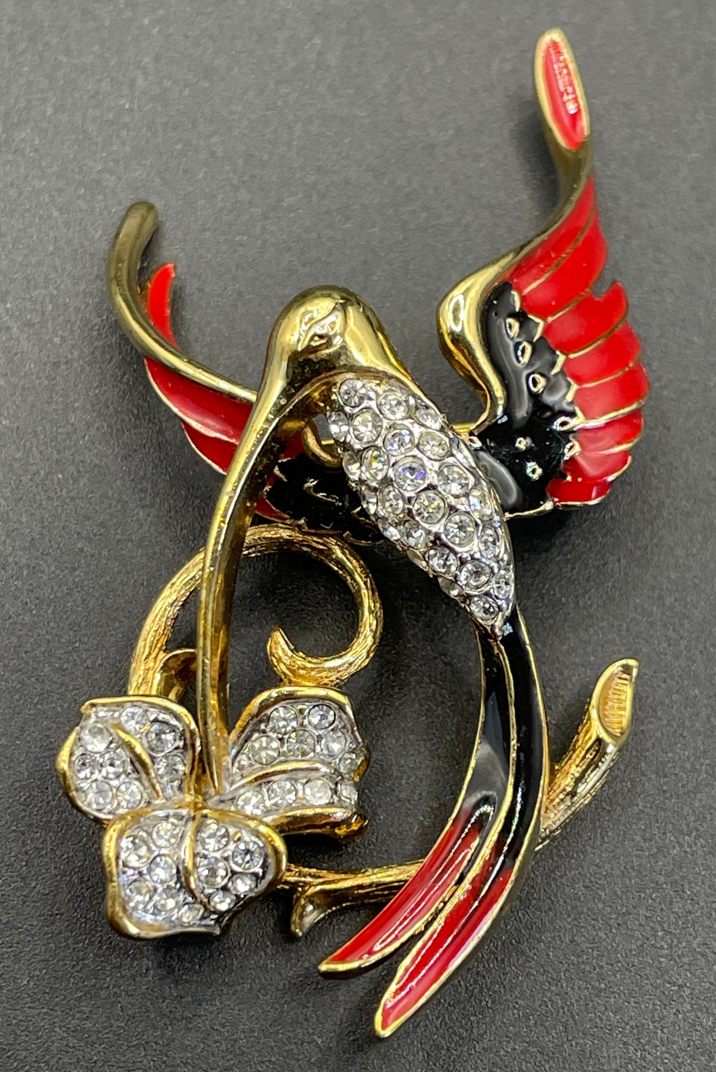 Vintage Attwood and Sawyer hummingbird brooch, 22ct gold plated, red and black enamel and rhinestone, signed A&S