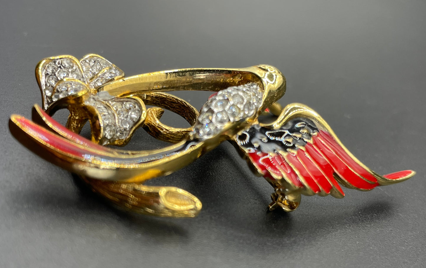 Vintage Attwood and Sawyer hummingbird brooch, 22ct gold plated, red and black enamel and rhinestone, signed A&S
