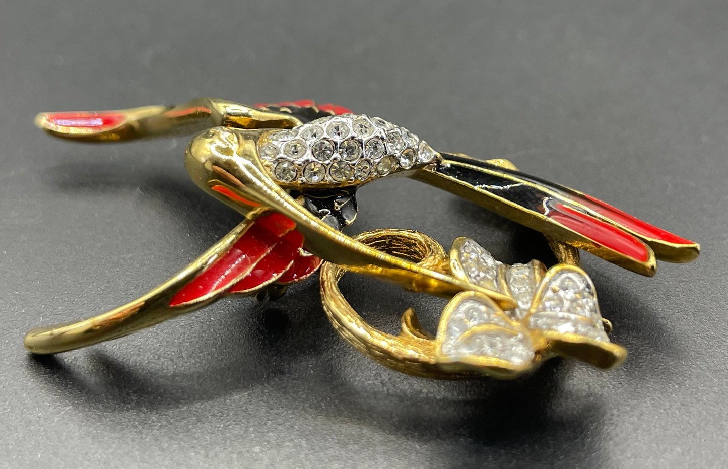 Vintage Attwood and Sawyer hummingbird brooch, 22ct gold plated, red and black enamel and rhinestone, signed A&S