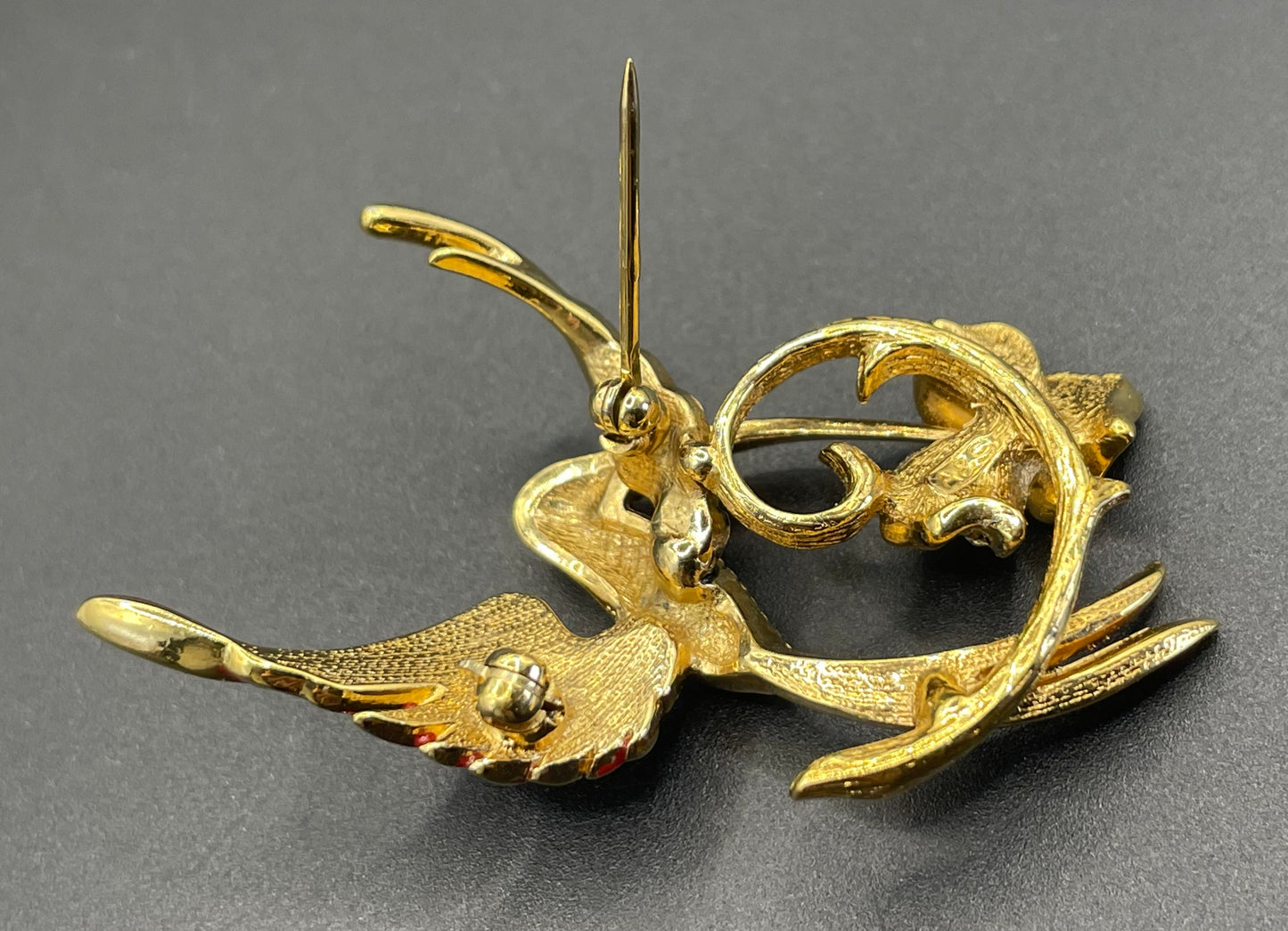 Vintage Attwood and Sawyer hummingbird brooch, 22ct gold plated, red and black enamel and rhinestone, signed A&S