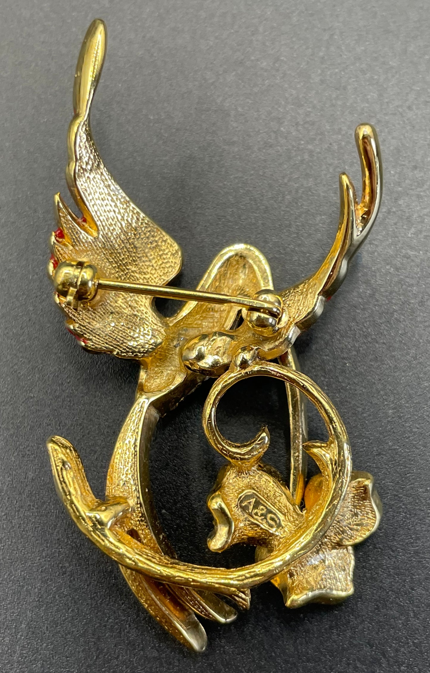 Vintage Attwood and Sawyer hummingbird brooch, 22ct gold plated, red and black enamel and rhinestone, signed A&S