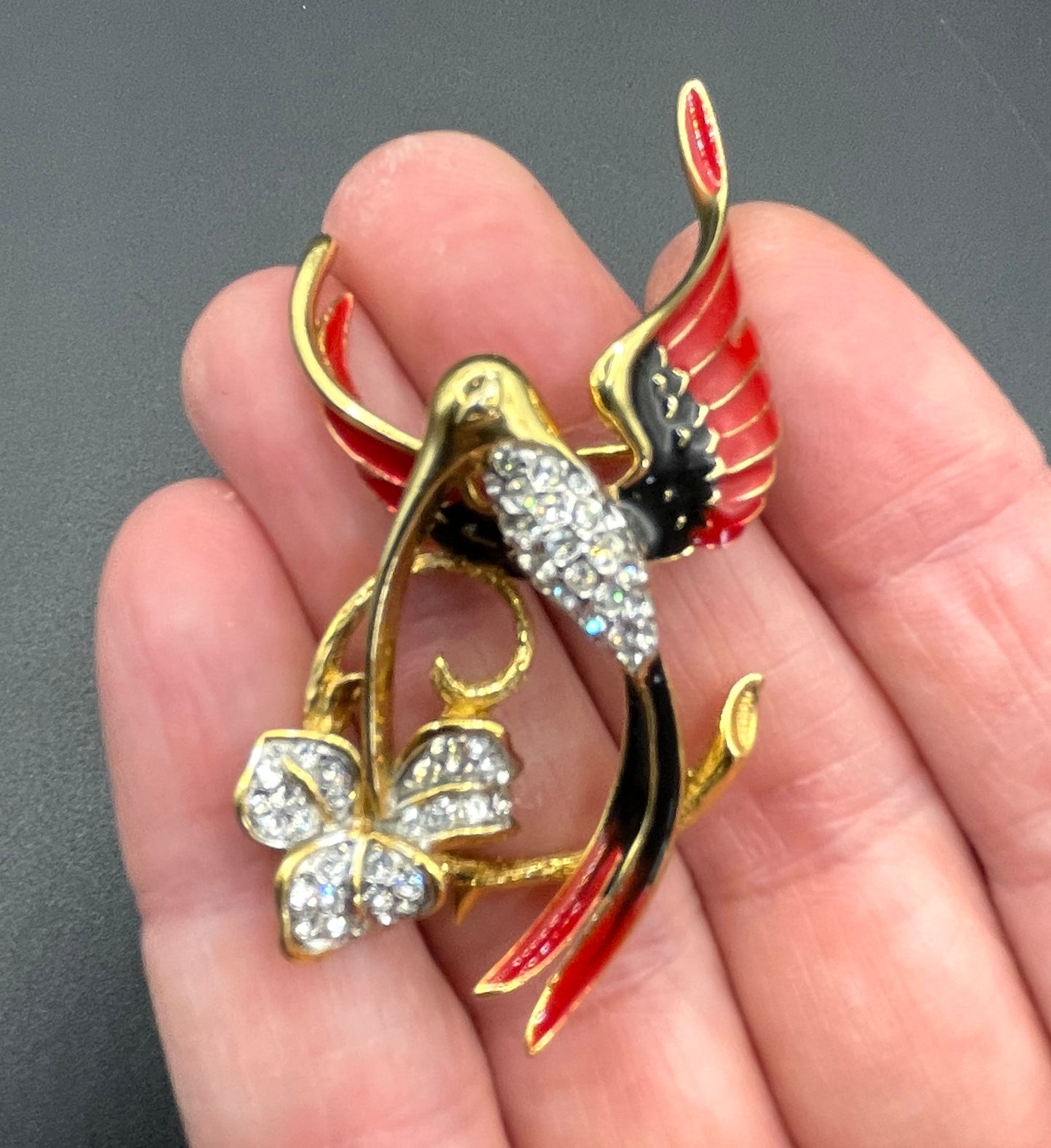 Vintage Attwood and Sawyer hummingbird brooch, 22ct gold plated, red and black enamel and rhinestone, signed A&S