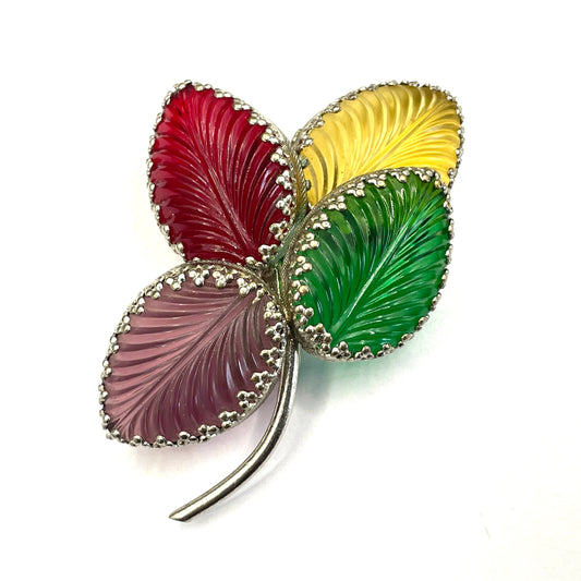 Vintage unsigned Schreiner ? pressed glass cabochon leaf brooch set in silver tone, vibrant red, yellow, green and purple crystals