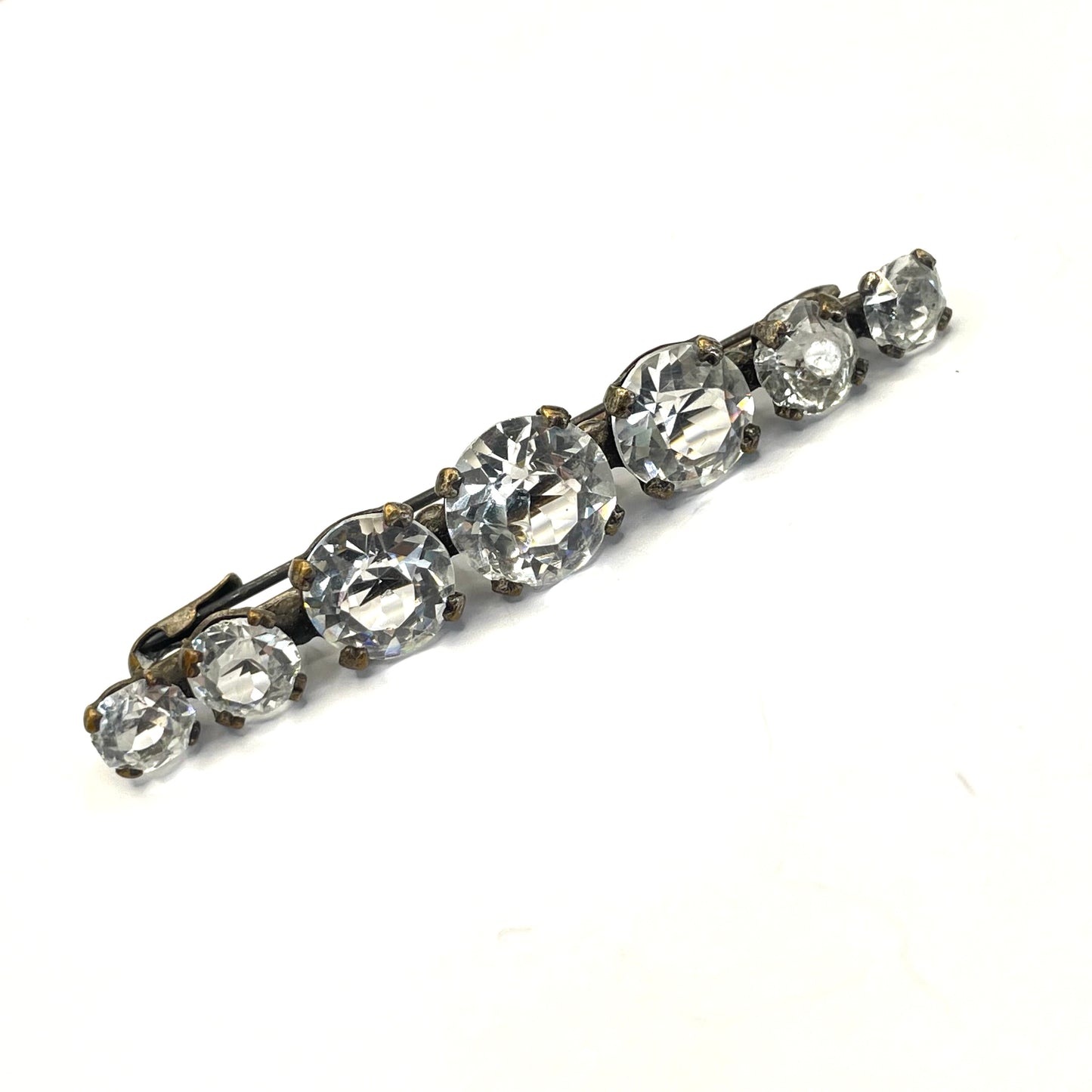 Vintage Art Deco bezel set clear crystal riviere rhinestone bar brooch, open-backed rhinestones in antique gold tone