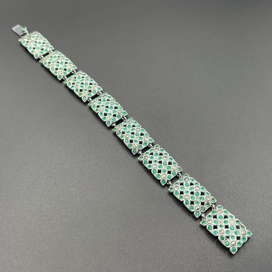 Vintage Art Deco bright emerald green Czech rhinestone and marcasite bracelet set in silver tone