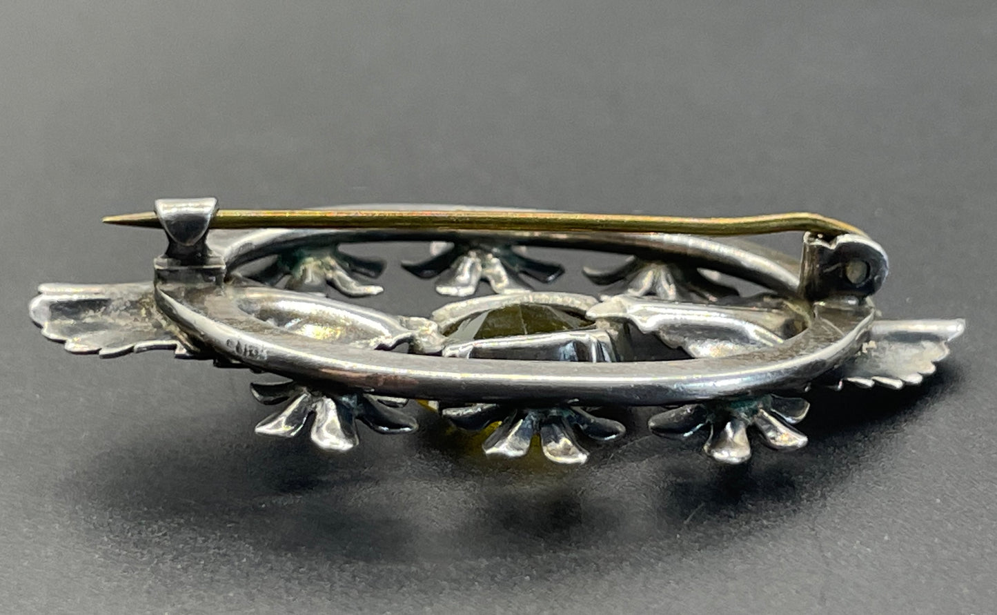 Antique sterling silver and large citrine yellow paste rhinestone brooch, pretty flower and leaf design, stamped 'SILVER', weighs 8 grams