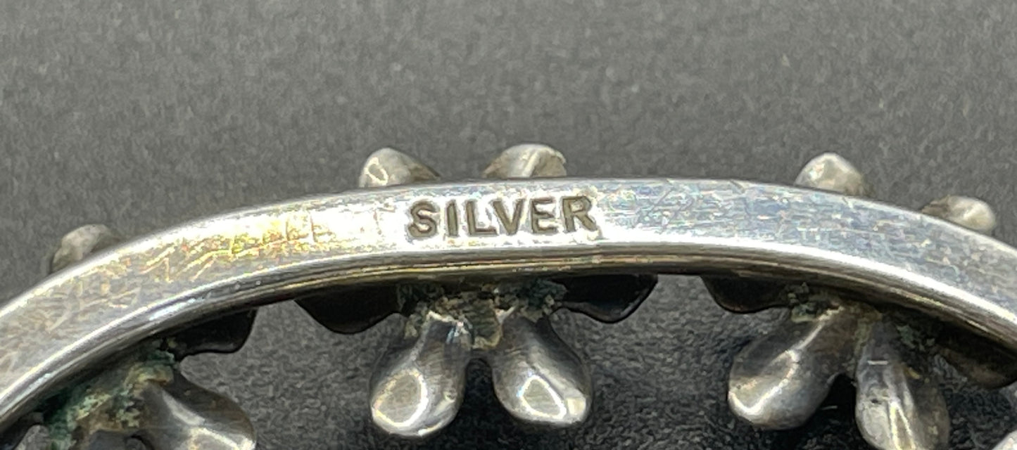 Antique sterling silver and large citrine yellow paste rhinestone brooch, pretty flower and leaf design, stamped 'SILVER', weighs 8 grams