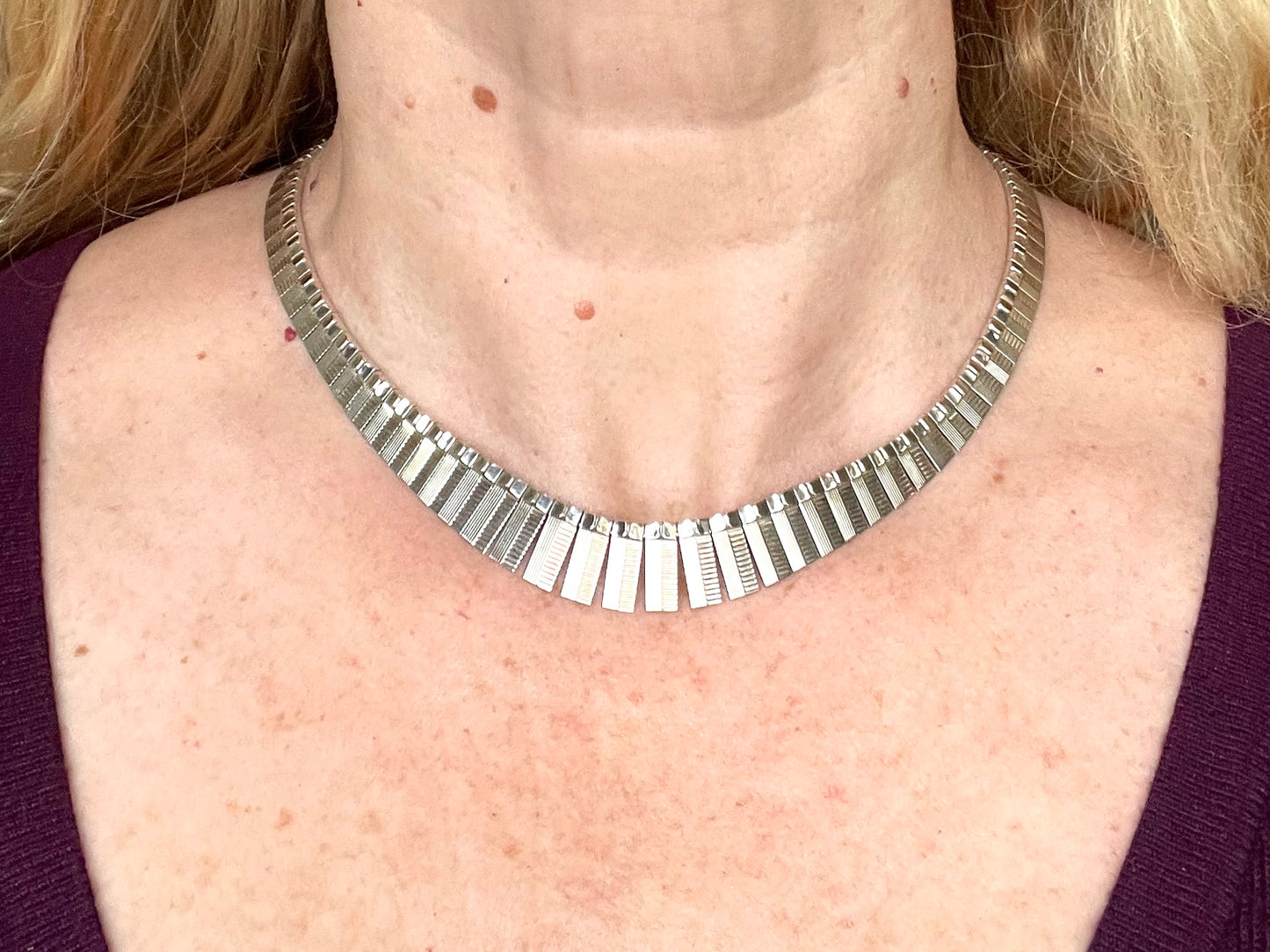 Vintage stamped sterling silver heavy Cleopatra collar necklace, beautiful engine turning, weighs 34 grams, may have light gilding
