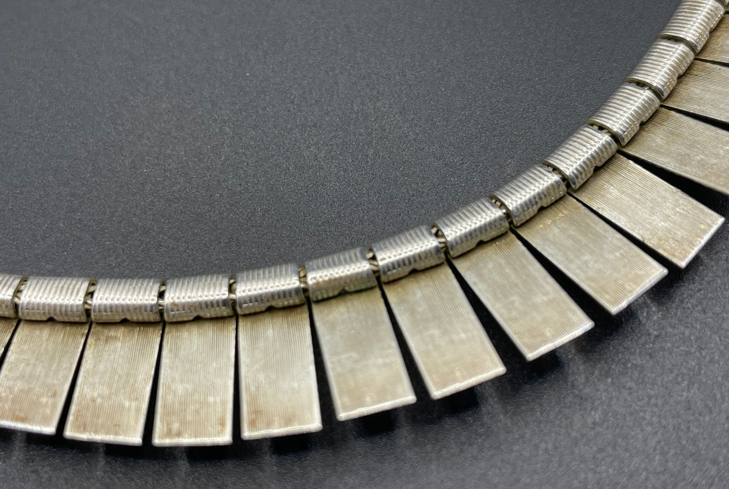 Vintage stamped sterling silver heavy Cleopatra collar necklace, beautiful engine turning, weighs 34 grams, may have light gilding