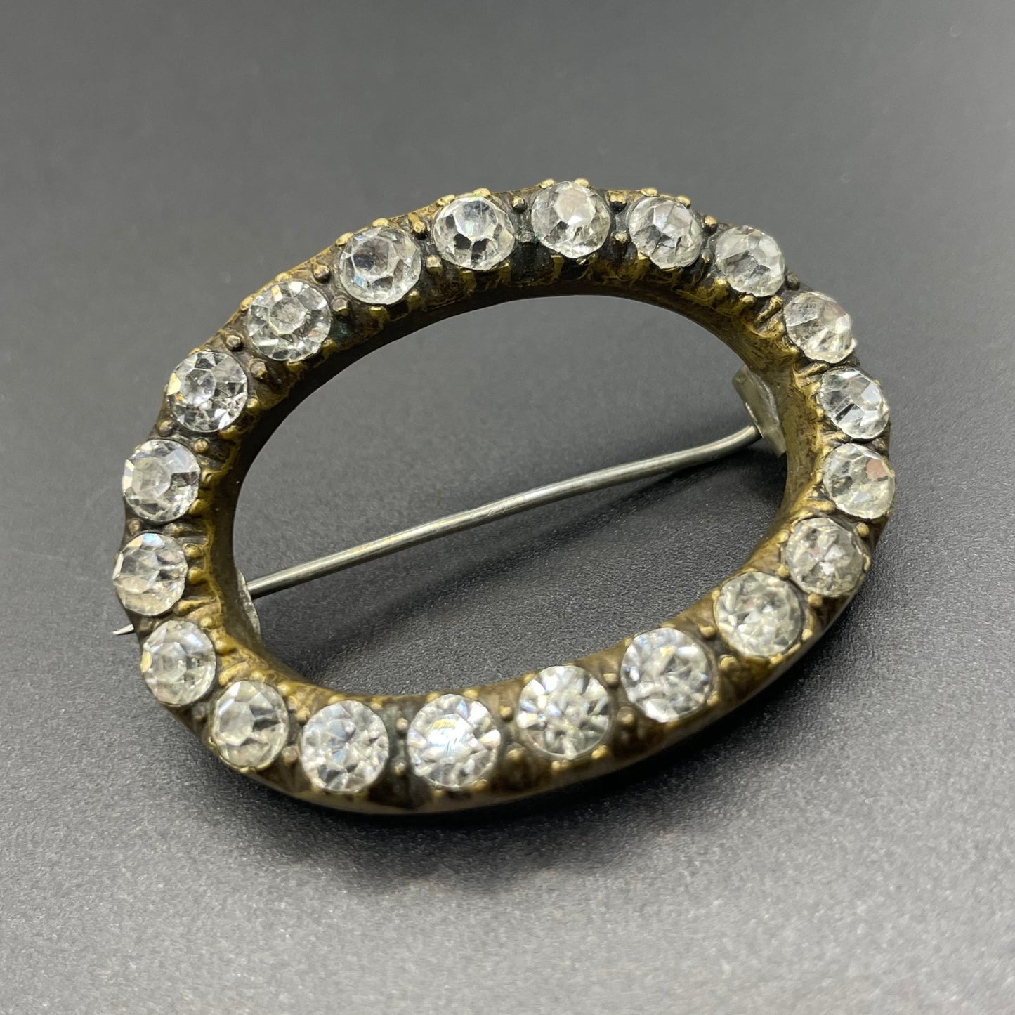 Antique Georgian to Victorian gold tone brass and clear paste rhinestone oval converted buckle brooch