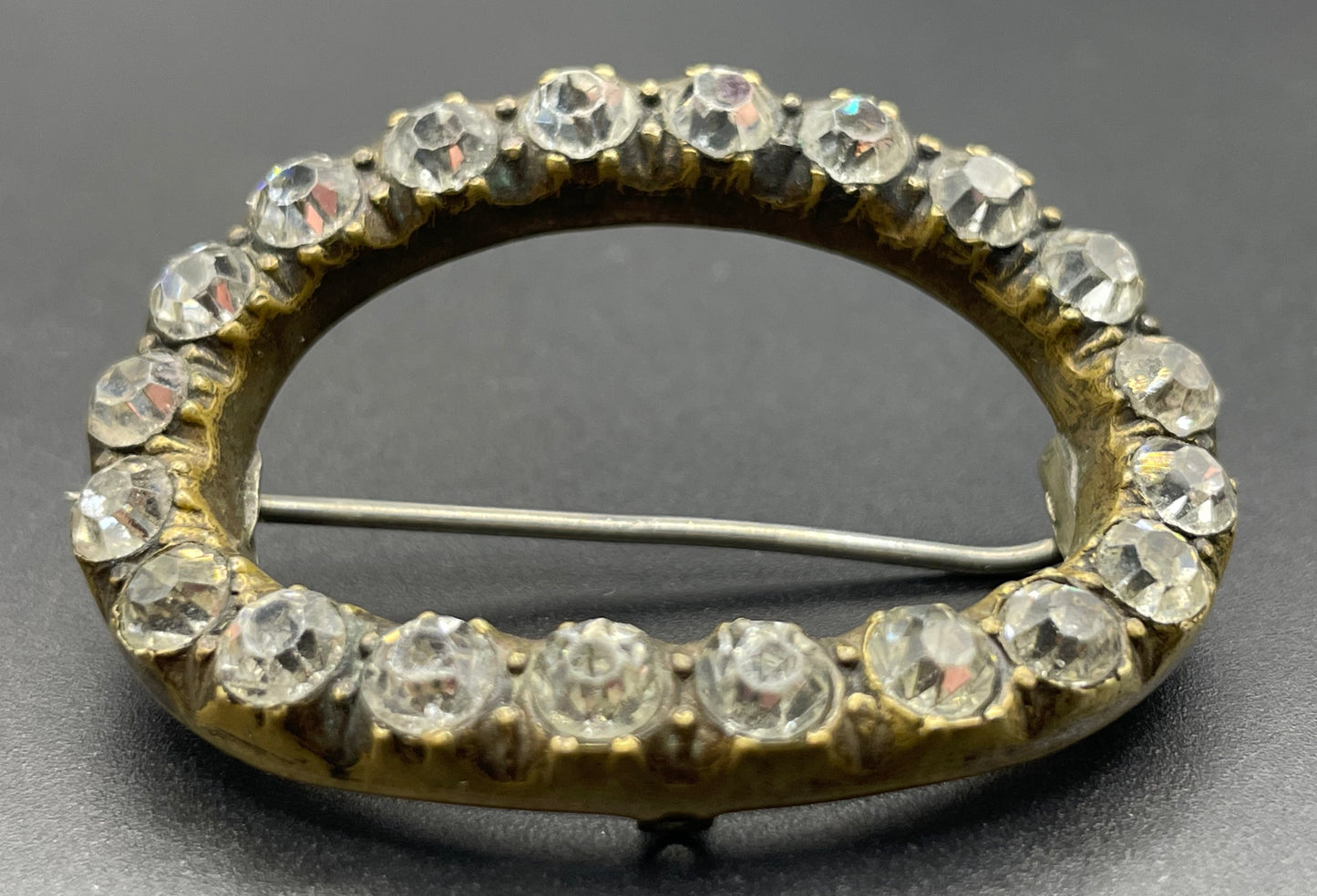 Antique Georgian to Victorian gold tone brass and clear paste rhinestone oval converted buckle brooch