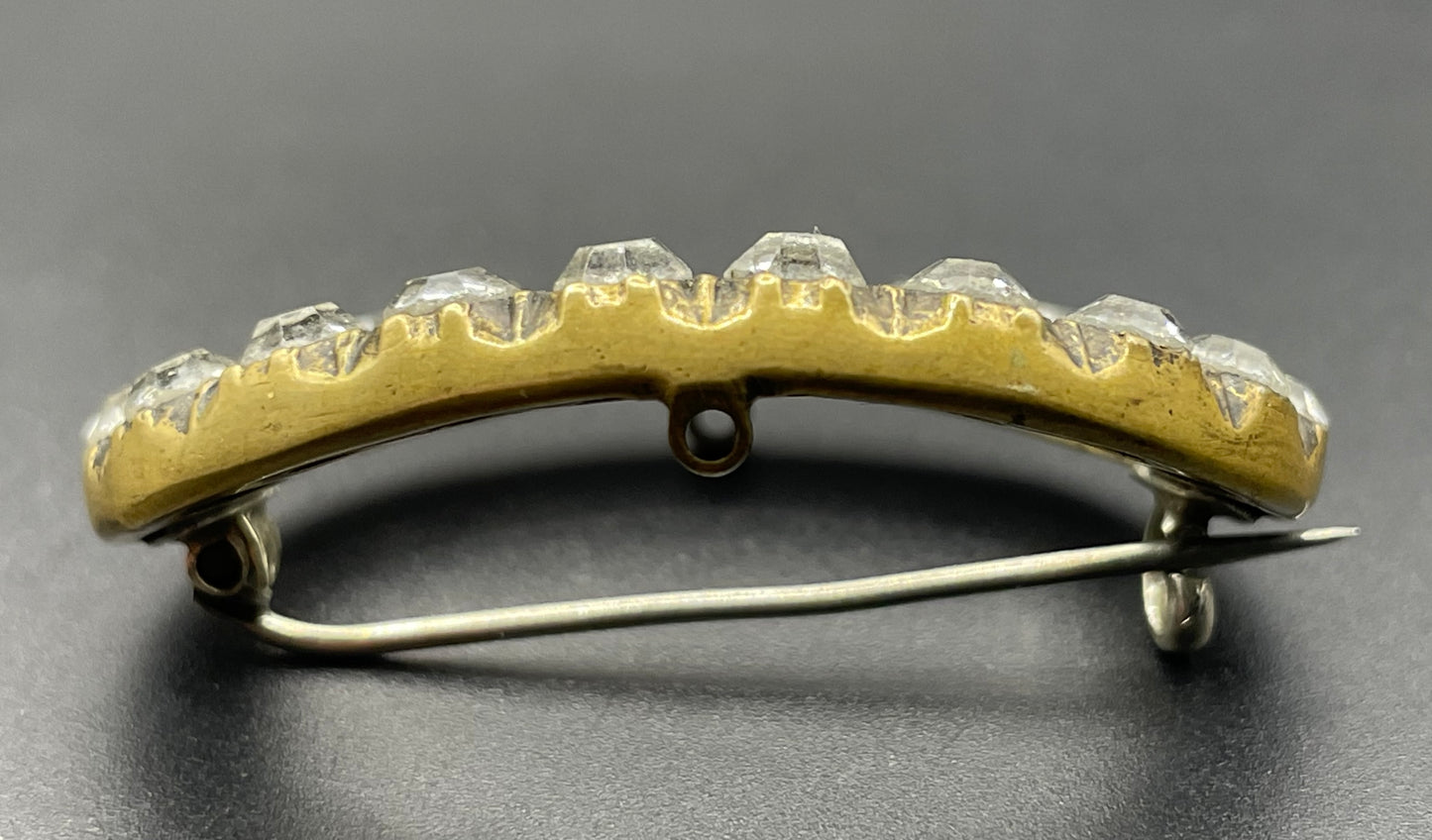 Antique Georgian to Victorian gold tone brass and clear paste rhinestone oval converted buckle brooch